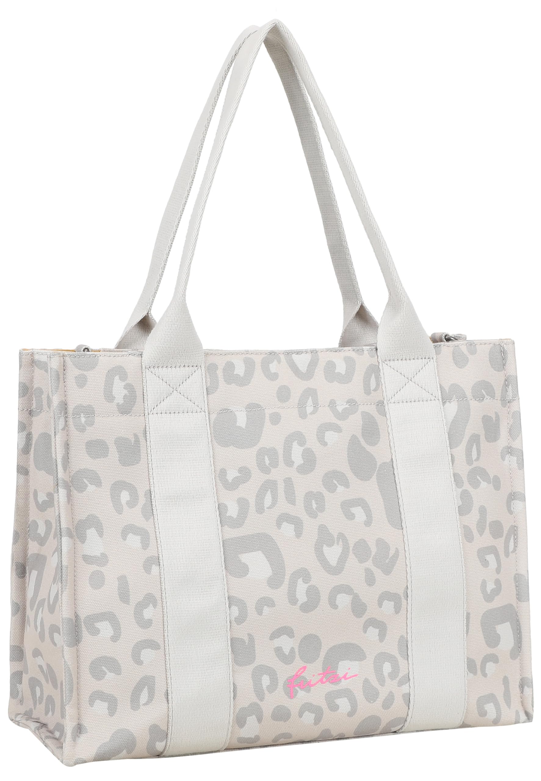 Fritzi Tote Shopper Leo bolso mujer canvas shopper estampado leopardo bolso tote grande cierre cremallera bolso hombro ciudad festival viaje compras bolso diario 29,5 x 40 x 14 cm - Rosa, Verde, Beige
