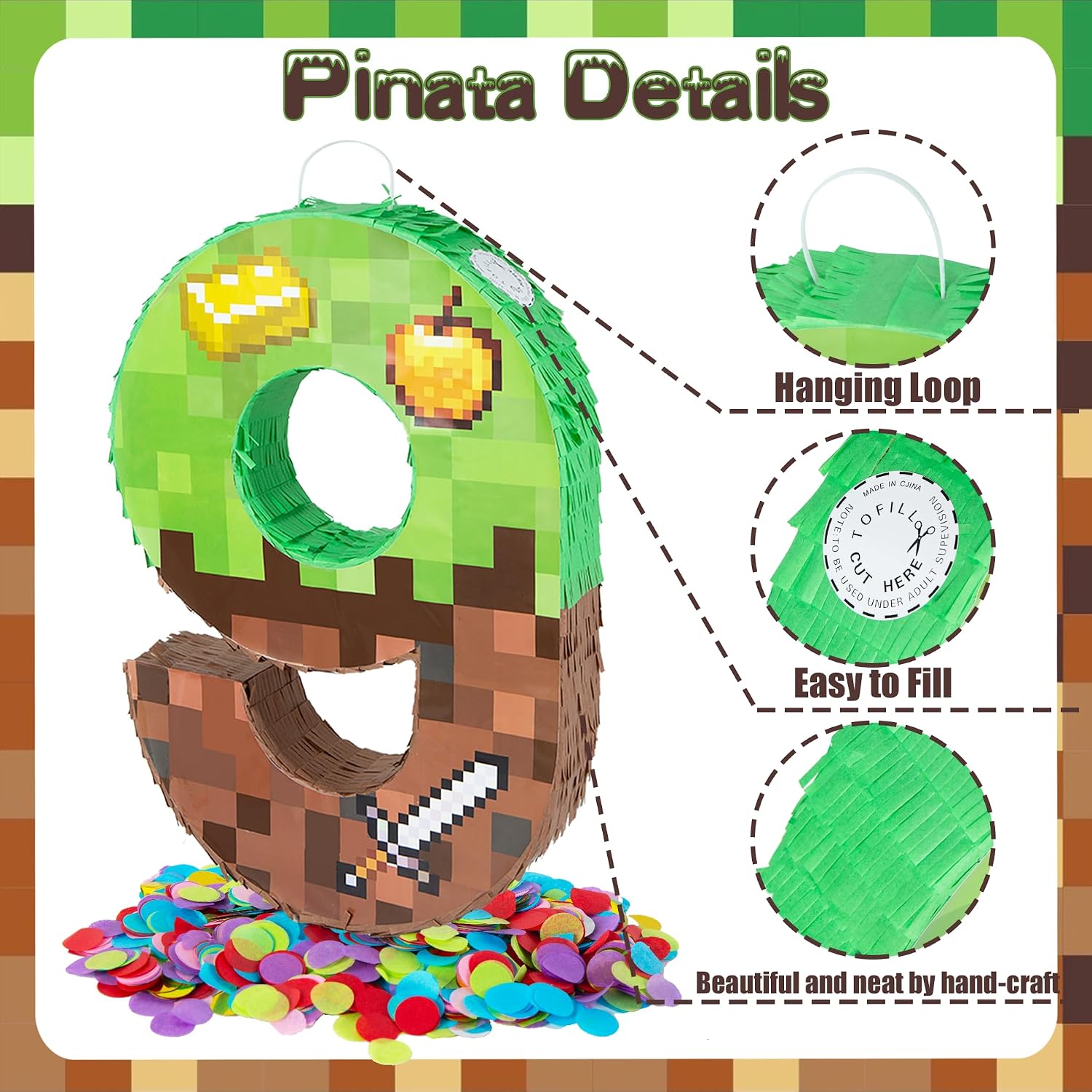 PCFING 20 Inch Pixel Number 9 Piñata with 30 Inch Piñata Stick Blindfold Confetti for Boy Girl Adults Birthday Party Decorations, Anniversary Celebration, Fiesta