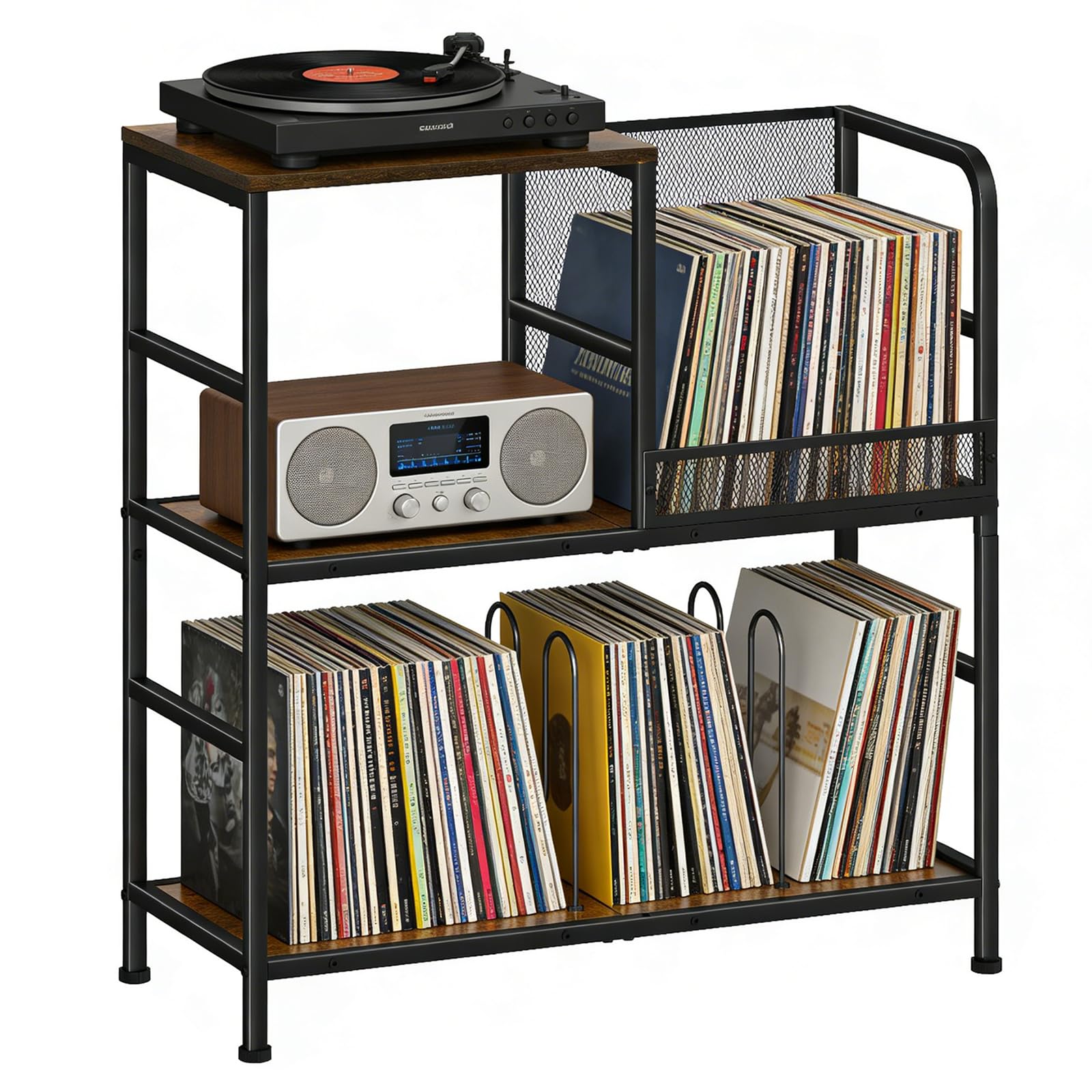 Support de tourne-disque à 3 niveaux - Peut contenir jusqu'à 150 albums - 72,9 x 76,7 x 30 cm - Rustique - Pour salon, chambre à coucher et magazines