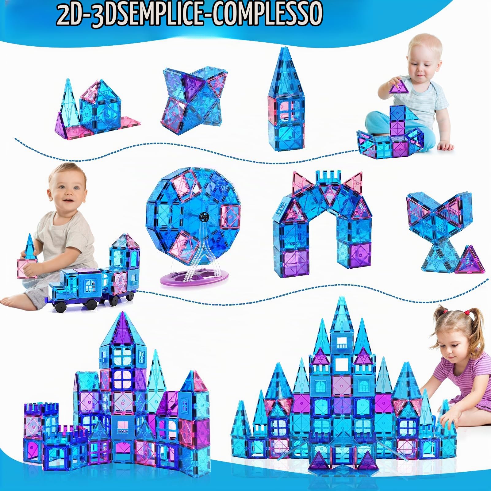 Costruzioni Magnetiche 102 Pezzi Giochi Costruzioni per bambini 2 3 4 anni Educativo Blocchi Magneti Bambini Giocattoli con Ruota Panoramica/2Auto STEM Regalo Bambino 2-4Anni Ragazzi Compleanno Natale