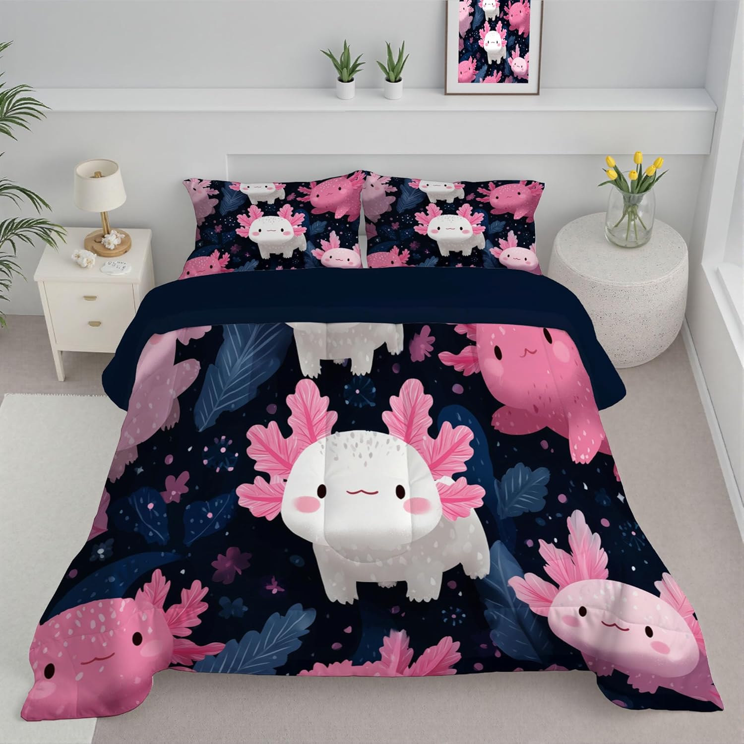 3D Axolotl Comforter Set Twin Size Bedding Set Hand Drawn Animal Illustrations All Season Down Comforter Printed Quilted with 2 Pillow Shams for Kids, Teens, Adults 68 x 86in Pink