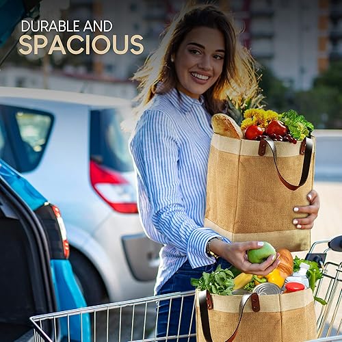 Miniatura 5 de EXULTIMATE Bolsa de mano con correas de piel sintética, reutilizable, arpillera para compras, paquete de 2 unidades, Farmers Market yute plegable