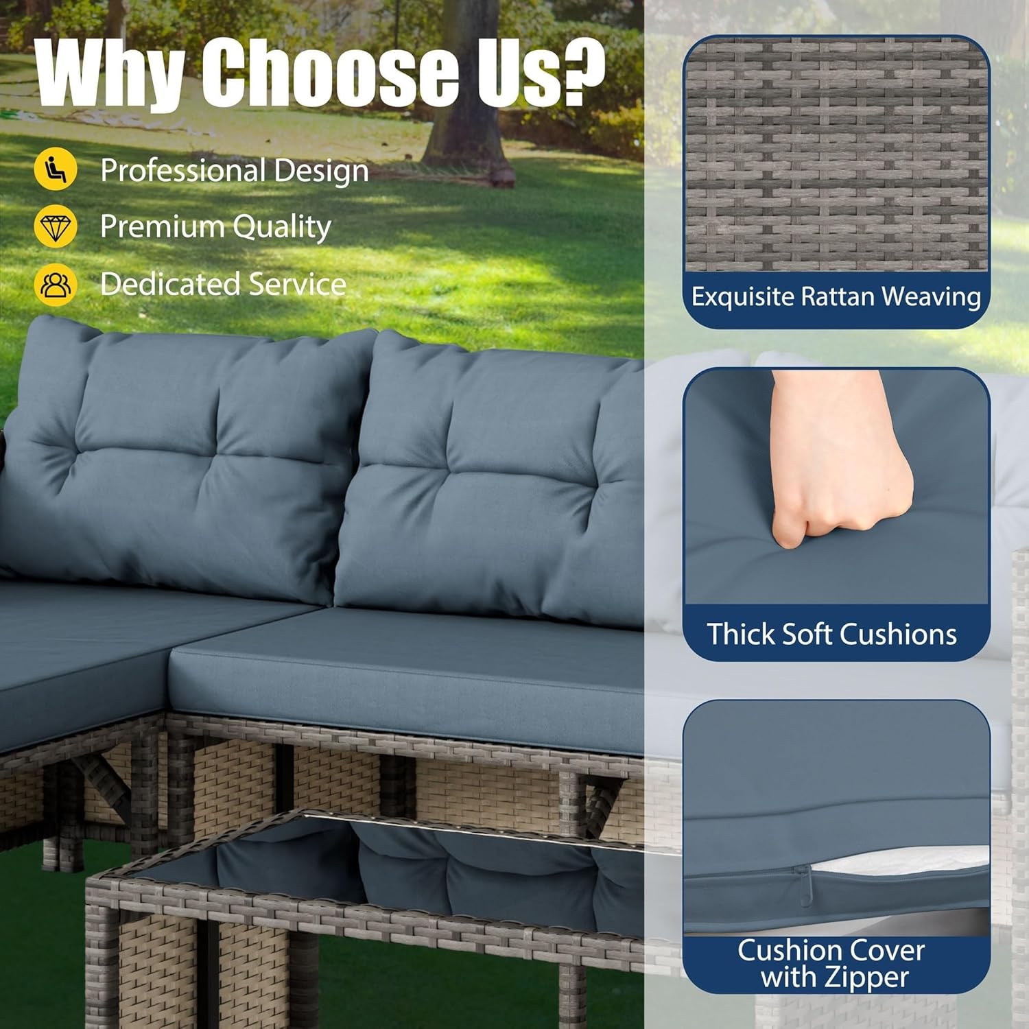 3 Pieces Patio Furniture Sets All-Weather Wicker Outdoor Sofa Couch Small Conversation Sectional Set with Cushions Glass Table for Backyard Porch Balcony Poolside(Gray)