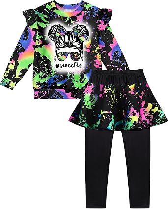 Toddler Girl Clothes,2 Piece Tie Dye Girls Outfits Ruffle Sleeve Graphic Print Top + Skirt Leggings Kids Clothing Set