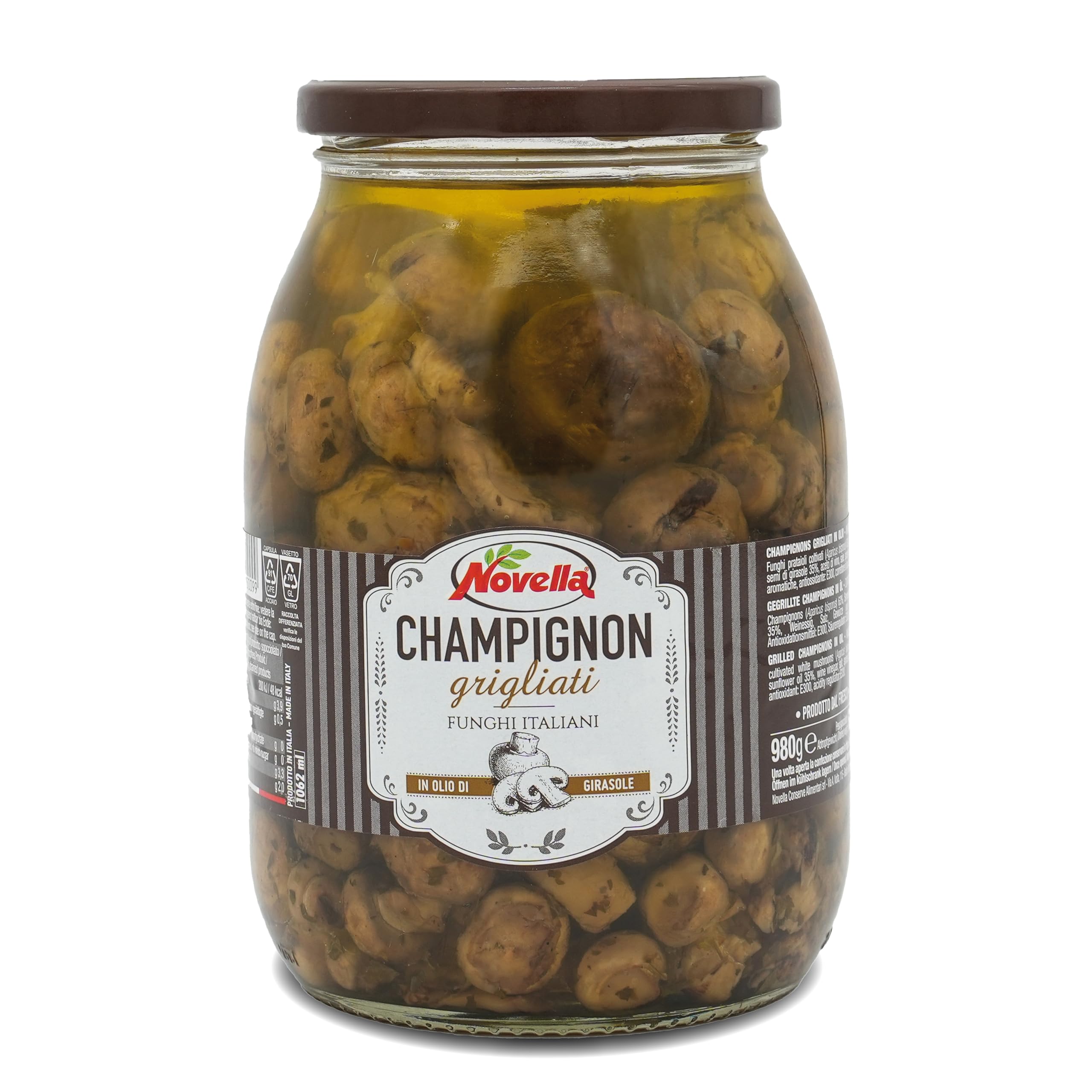 Novella CHAMPIGNON GRIGLIATI - Gegrillte Champignons im Glas  1062 g - Pilz-Vorspeise  aus Italien - eingelegt in lmarinade : Amazon.de: Lebensmittel & Getrnke