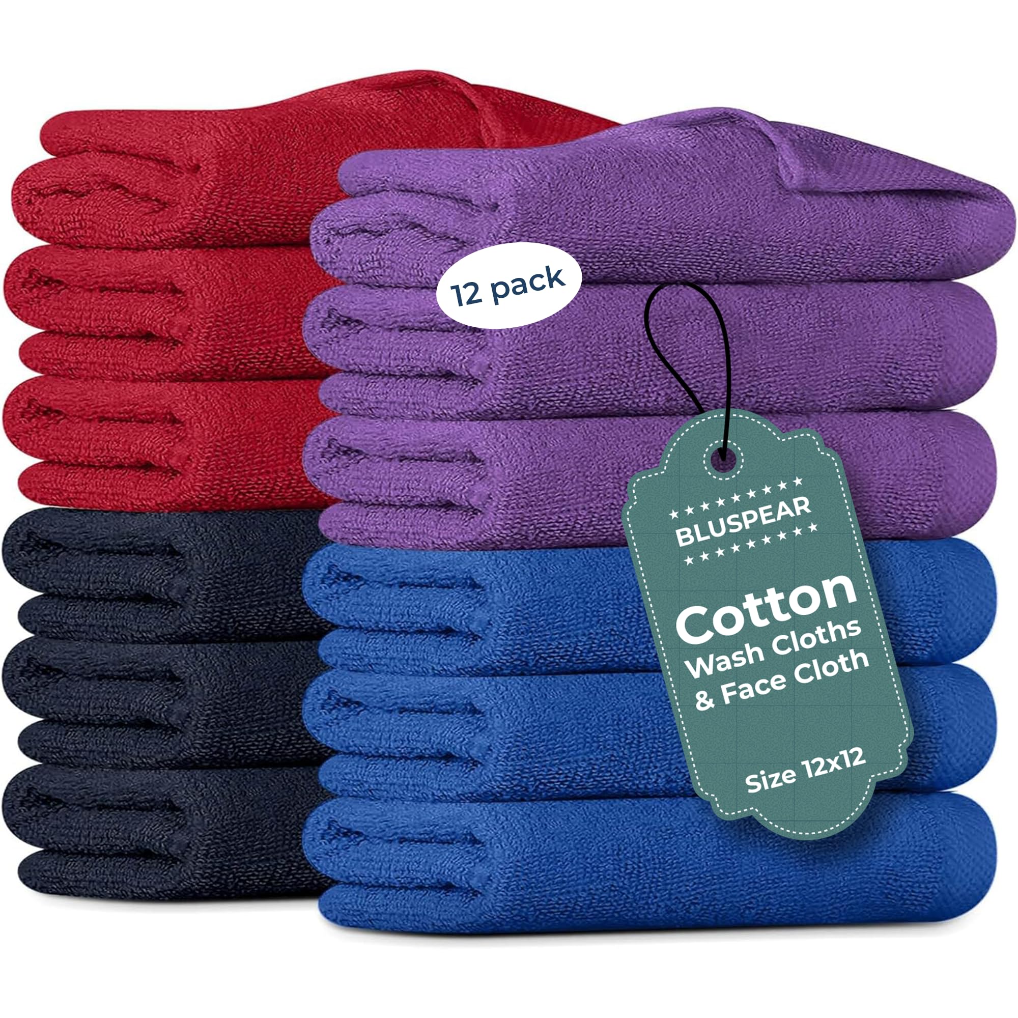 Generic Wash Cloths Assorted Dark Colors Face Cloths, 12 x 12 Inches, Cotton, Hand Towels for Bathroom, Soft Cleaning Rags for Bath, Body, Spa, Gym,