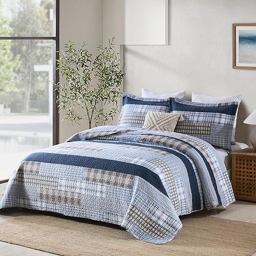 Miniatura 9 de PANGUSHAN Juego de edredón de 100 % algodón, tamaño Queen, juego de ropa de cama de retazos, edredón ligero de granja, edredón reversible, color
