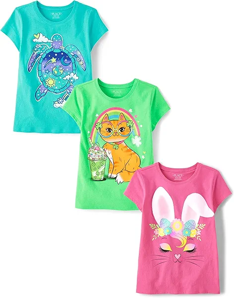 The Children's Place Girls Sports,Trends,Icons Short Sleeve Graphic T-Shirts,3 Pack