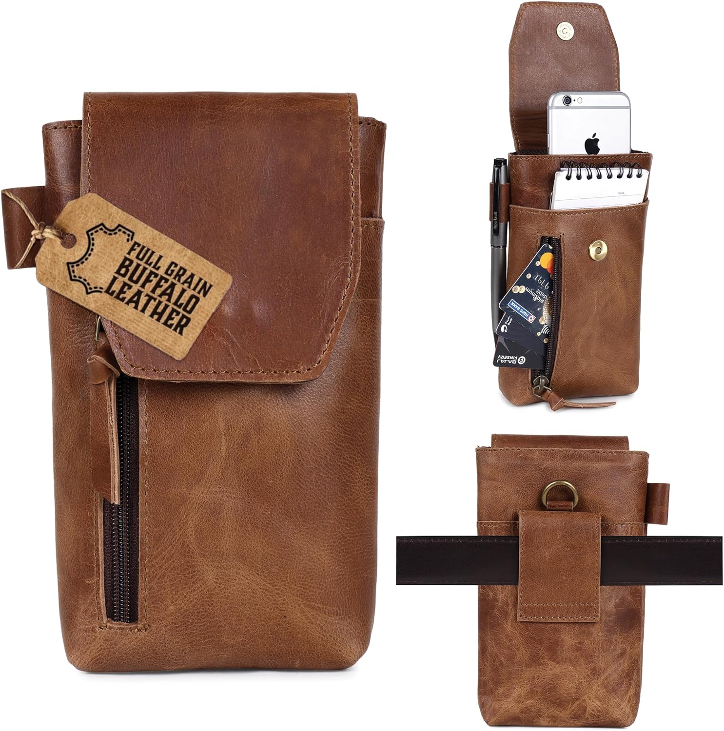 TRISKY Genuine Leather Phone Holster with Belt Clip - Magnetic Closure, ID Card Holder - Universal Case for iPhone, Samsung Galaxy, Google Pixel, 7”x3.5” - Tan