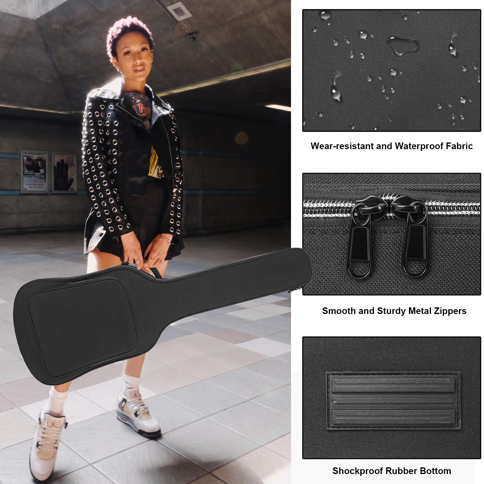 Custodia per chitarra elettrica con imbottitura da 7 mm, impermeabile, con tracolla e tasche, 99 cm, Nero (cerniera bianca), Electric Guitar Bag(White Zipper), alla moda