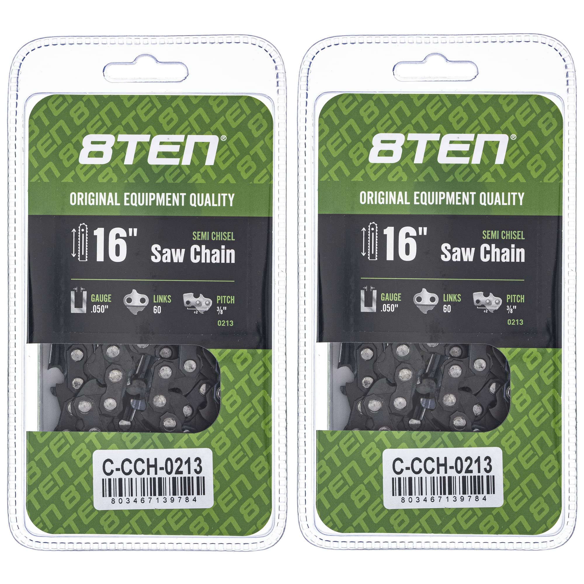 8TEN Semi Chisel Chainsaw Chain 16 Inch .050 3/8 60DL For Husqvarna 455 Rancher 372XP Stihl MS170 MS260 Poulan (2 Pack)