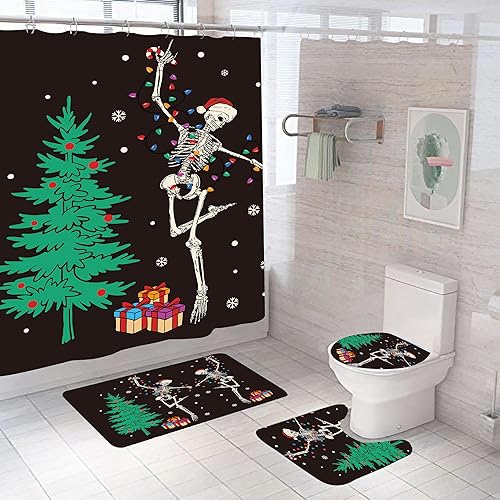 Peryiter Juego de 4 cortinas de ducha de esqueleto navideño con alfombrilla antideslizante, cubierta para tapa de inodoro y tapete de baño, cortina