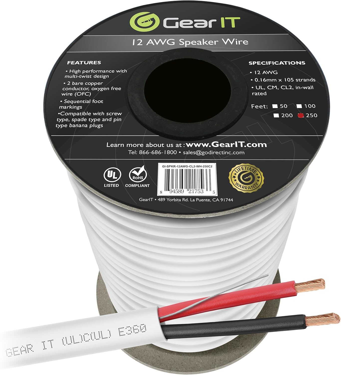 12 AWG CL2 OFC in Wall Speaker Wire, GearIT Pro Series 12 AWG Gauge (50 Feet / 15.24 Meters/White) OFC Oxygen Free Copper UL CL2 Rated in-Wall Speaker Wire Cable for Home Theater and Car Audio: Electronics
