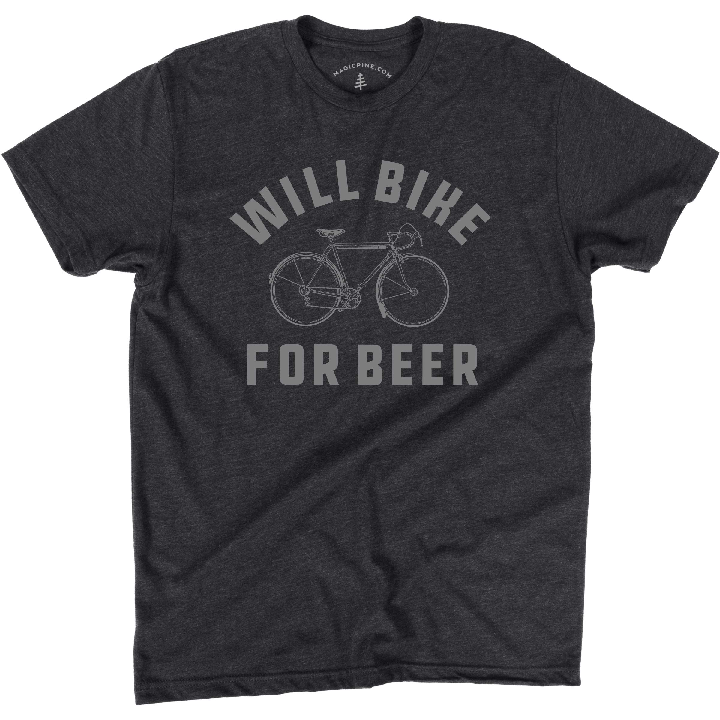 Magic Pine Will Bike for Beer Funny Novelty Graphic T-Shirt for Cyclists, Charcoal Gray