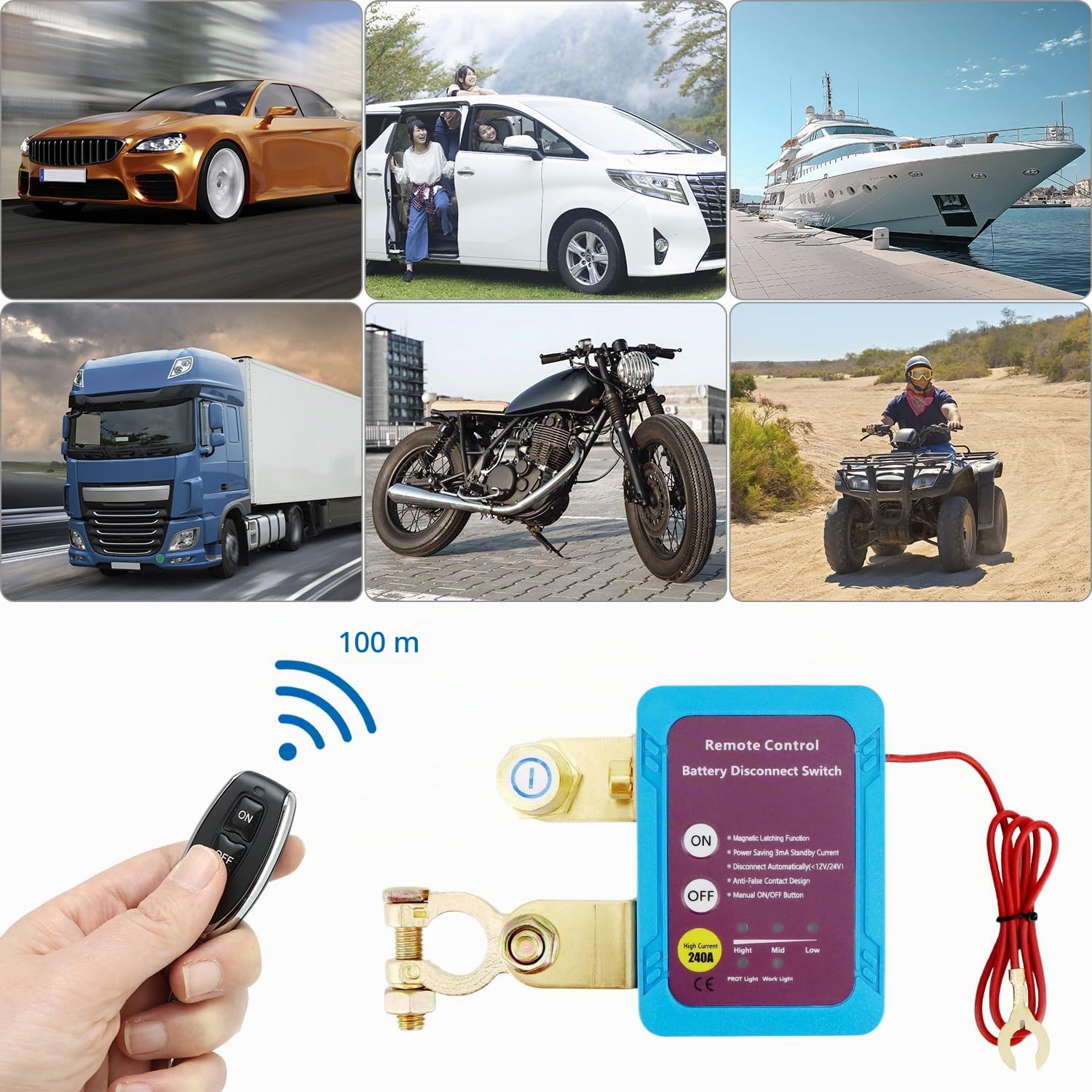 QWORK® Desconectador de Bateria Coche de 12 V 240 A, interruptor aislador con 2 controles remotos, para camiones, automóviles, vehículos recreativos