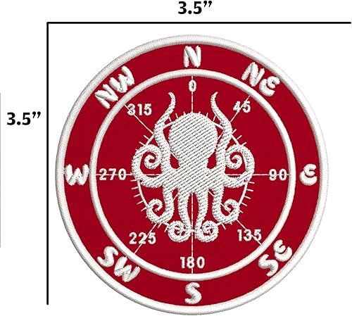 Miniatura 2 de Parche bordado de brújula con pulpo, para planchar o coser, color rojo, diseño de criaturas de mar náutico, playa, divertido, insignia de