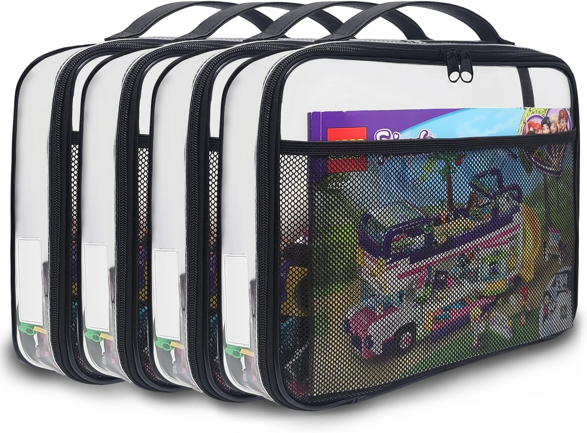 4 Packs PVC Zippered Blocks Set, Toy, Clay, Board game Storage Organizer Case (Name Tag, Manual Pocket) (Black, Large)