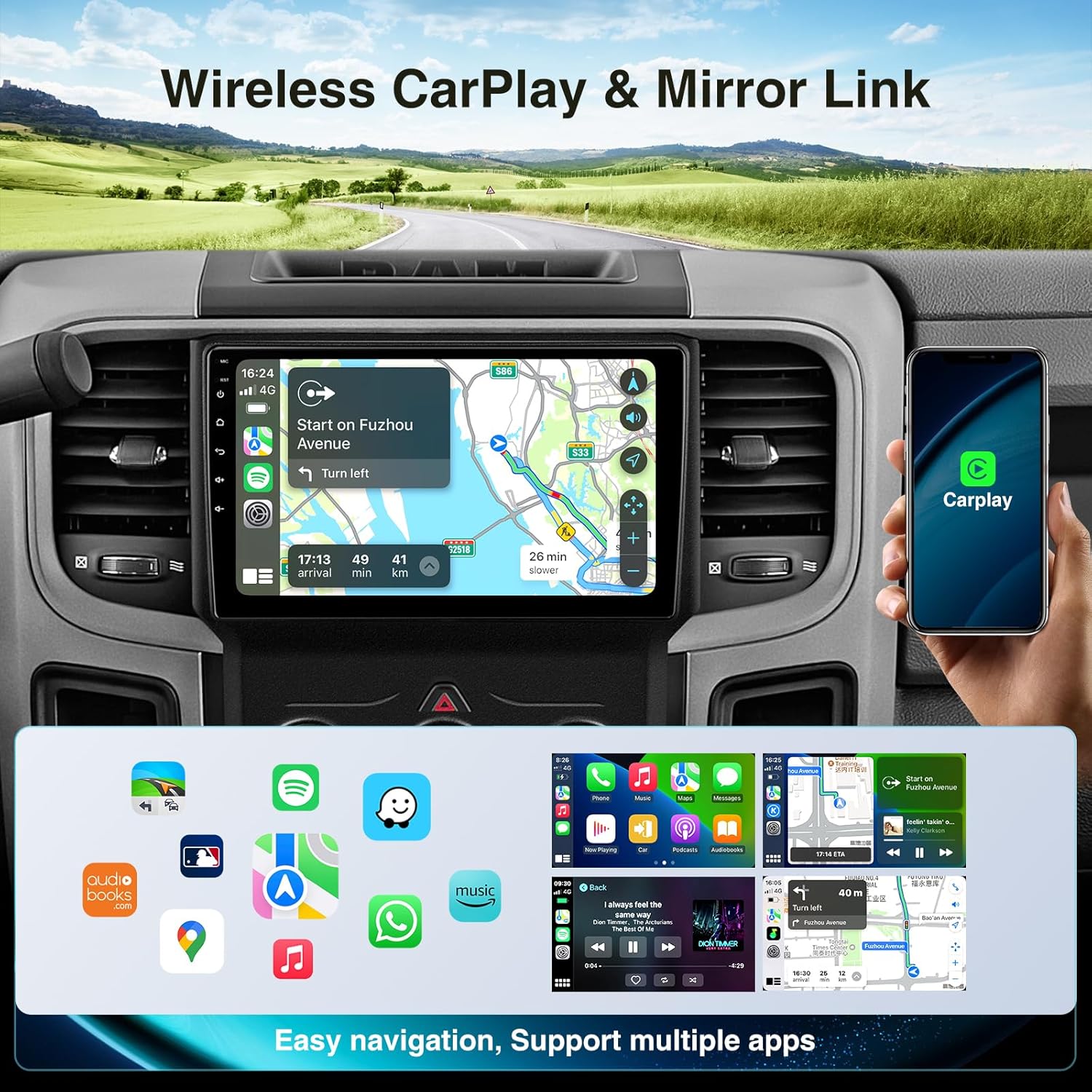 Car Radio for Dodge RAM 1500 2500 3500 2013-2018, 9” HD IPS Car Stereo with Wireless CarPlay/Bluetooth/GPS Navigation/HD Backup Camera/FM/DSP/Android 12 [2+64G]