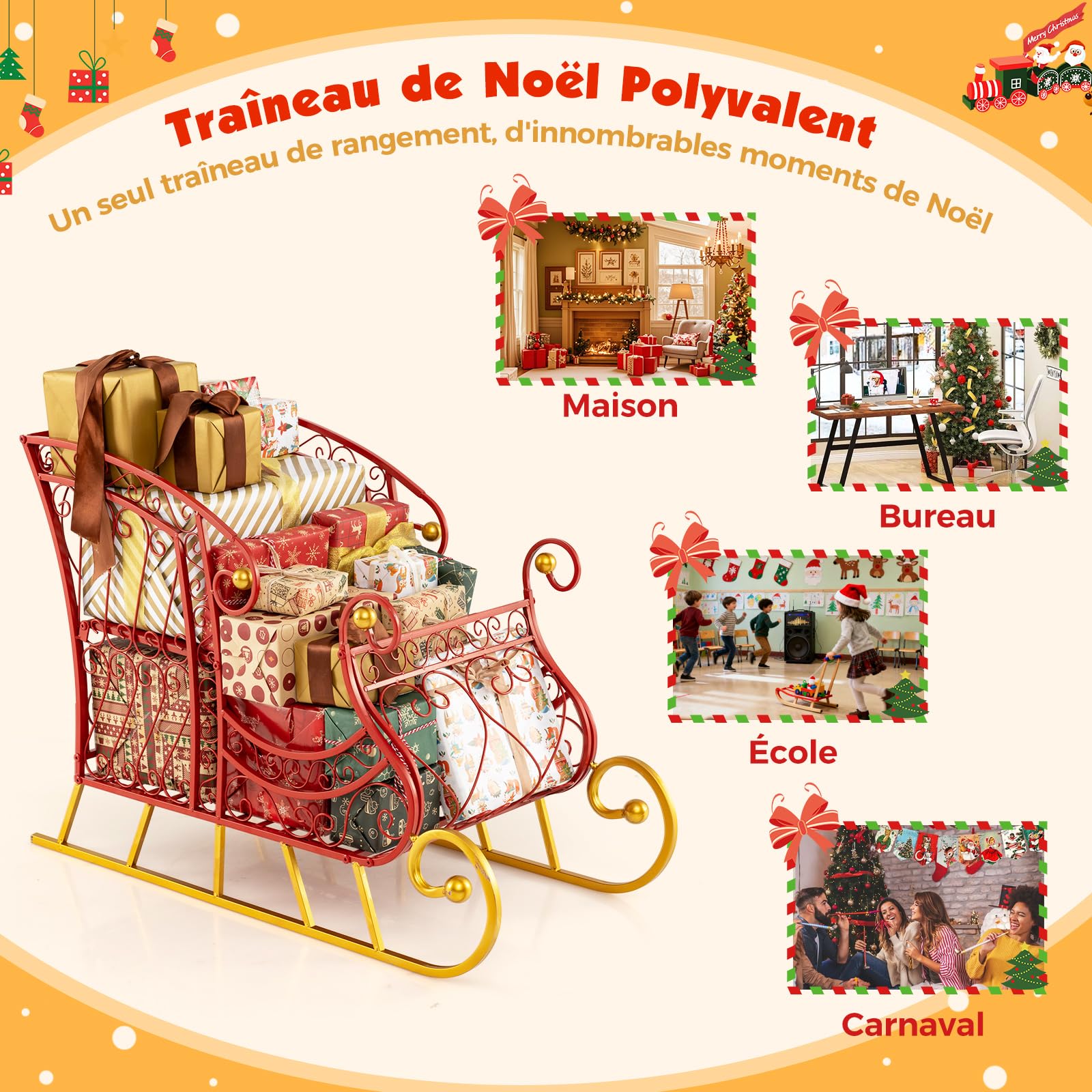 COSTWAY Traîneau de Noël avec Rangement à 2 Niveaux, Decoration Noel Exterieur Interieur, Cadre en Métal, Luge du Père Noël, Décoration de Fête pour Maison Bureau Carnaval, 85 x 42 x 61,5 cm