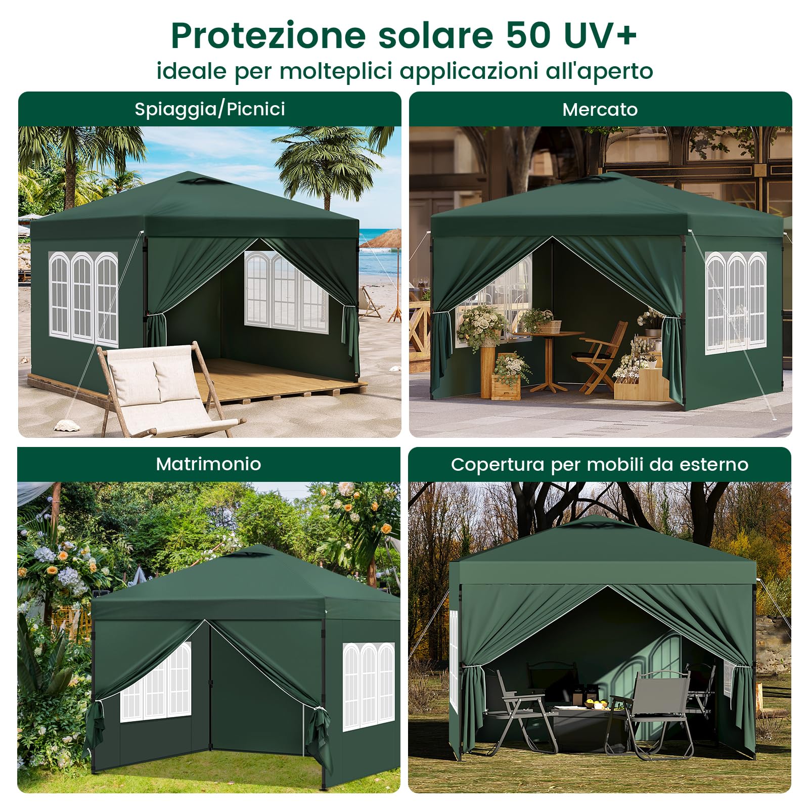 Laneetal Gazebo 3x3 Pieghevole Impermeabile, Pergolato da Giardino, Gazebo da Esterni, con Pareti Laterali Rimovibili, Protezione dal Sole, per Feste e Campeggio, Borsa per il Trasporto, verde