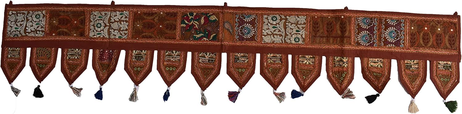 The Harry Creations Toran Cotton Embroidered Boho Room Valances Bohemian Patchwork Hand Living Hanging Wall Ethnic Art Door Patchwork Ethnic Vintage Window Valances (White, 78"x13" Big Valance)