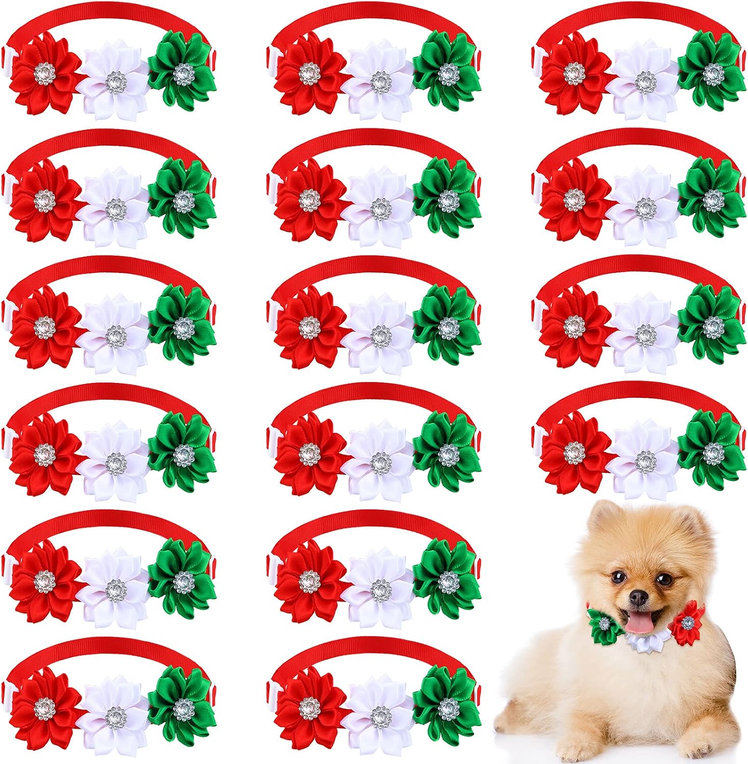 Abbylike 16 Pieces Flower Dog Collar Tie Small Dog Cat Puppy Pet Flower Bowtie Shiny Crystal Pearl Adjustable Rhinestone Pet Accessories…