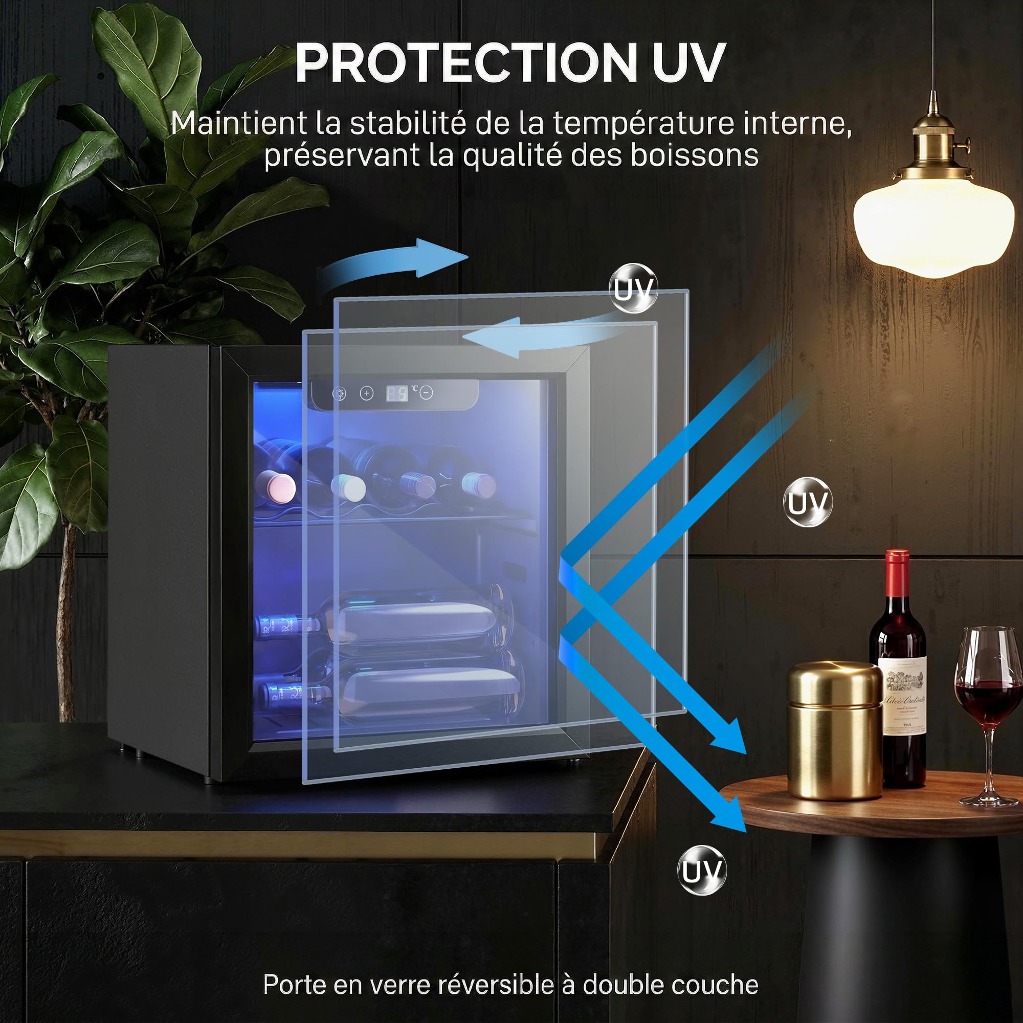 HOMCOM Cave à Vin 12 Bouteilles 36L, Réfrigérateur à Vin avec Température Réglable 4-16°C, Porte Réversible en Verre Trempé, Noir