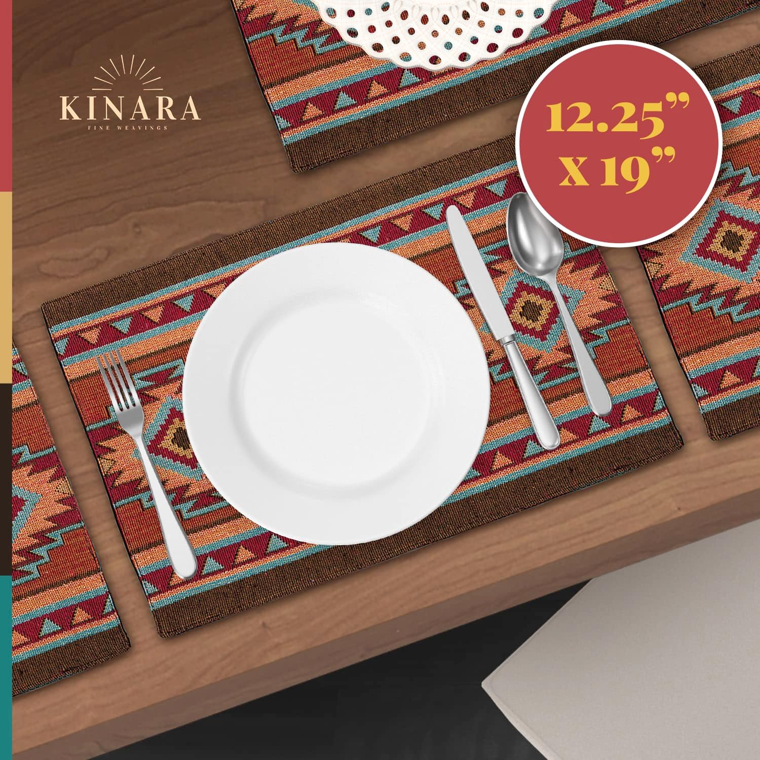 Kinara Luna Placemat Set – Southwestern Native American Design – Beautiful and Unique Pattern – Fine Weaving Four 12.25x19 inch Placemats.