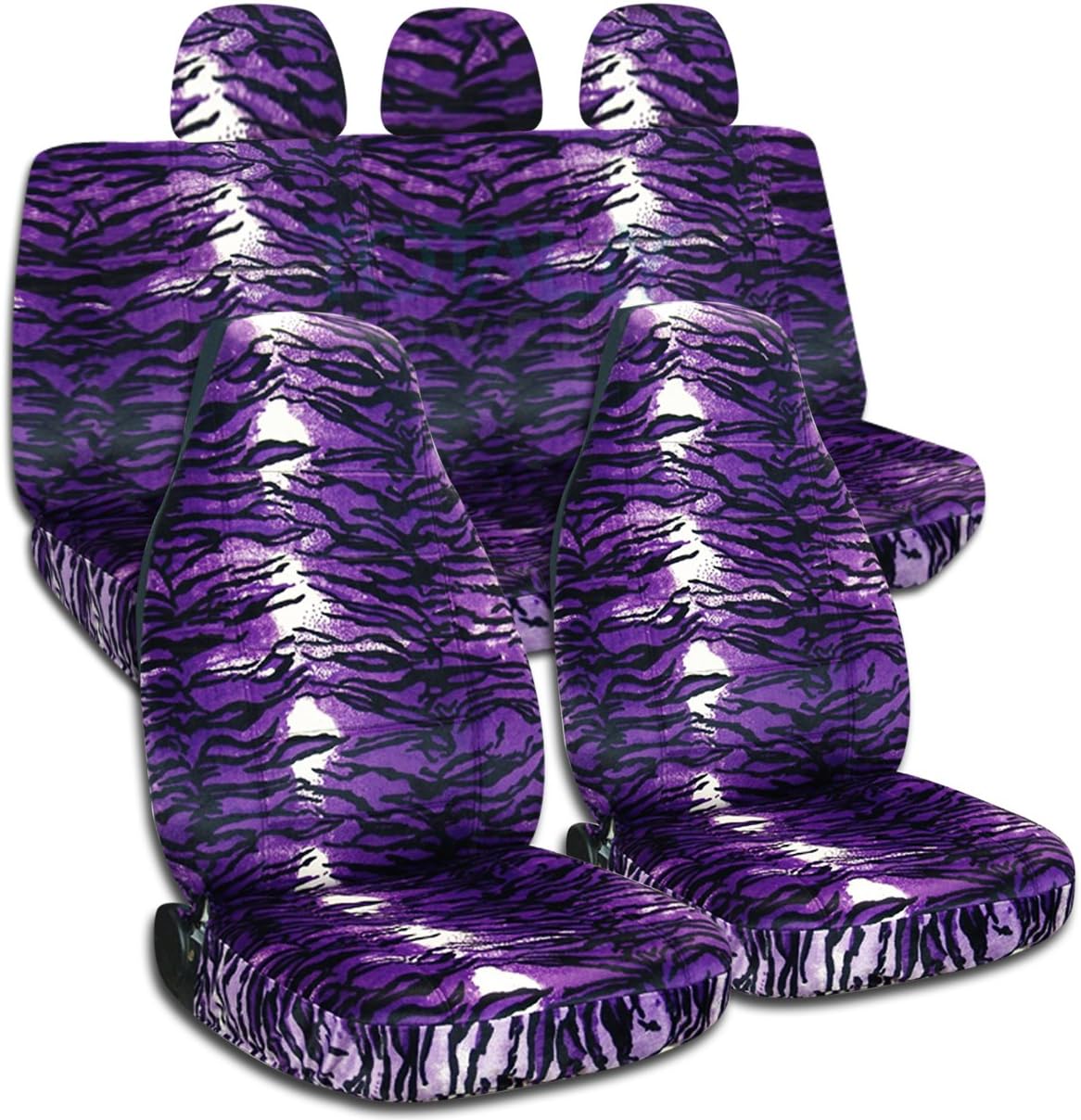 Totally Covers Animal Print Car Seat Covers w 3 Rear Headrest Covers: Purple Snow Tiger - Semi-Custom Fit - Full Set - Will Make Fit Any Car/Truck/Van/RV/SUV (30 Prints)
