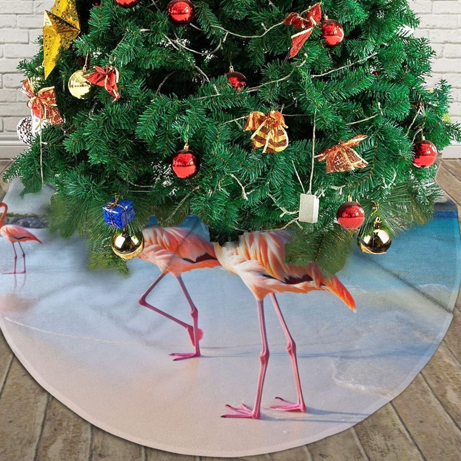 Gonna per albero di Natale con stampa di fenicotteri rosa con nappa, base rotonda per albero di Natale, Capodanno, decorazioni per le vacanze, 121,9 cm