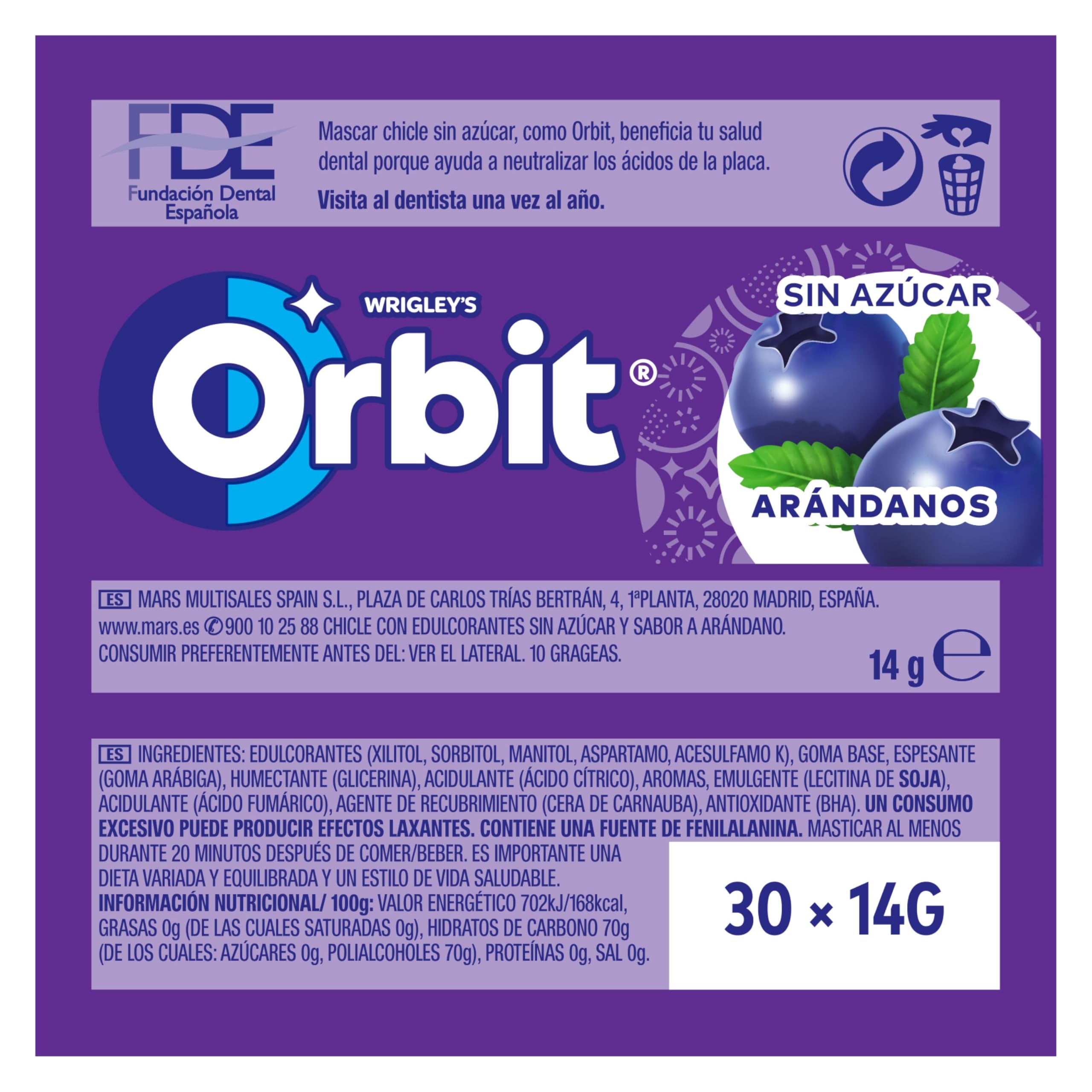 Orbit Blueberries - Paquete de 30 x 14 gr - Total: gr, 420 gramos, 30 unidades de venta libre