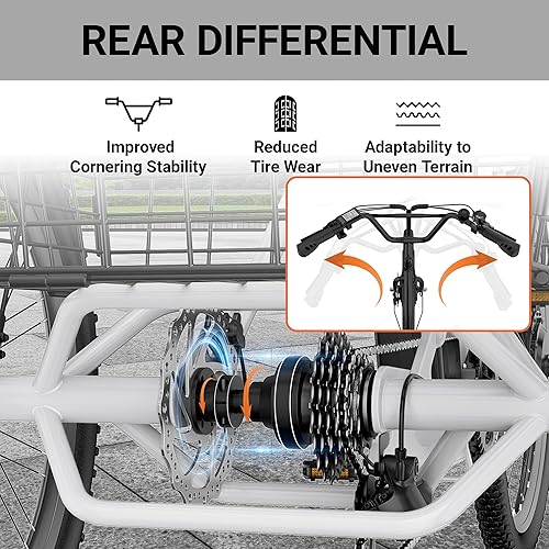 Vista 15 de ANCHEER Triciclo eléctrico para adultos, triciclo eléctrico pico de 600 W, 24 pulgadas, 499 Wh, bicicleta eléctrica plegable de 3 ruedas