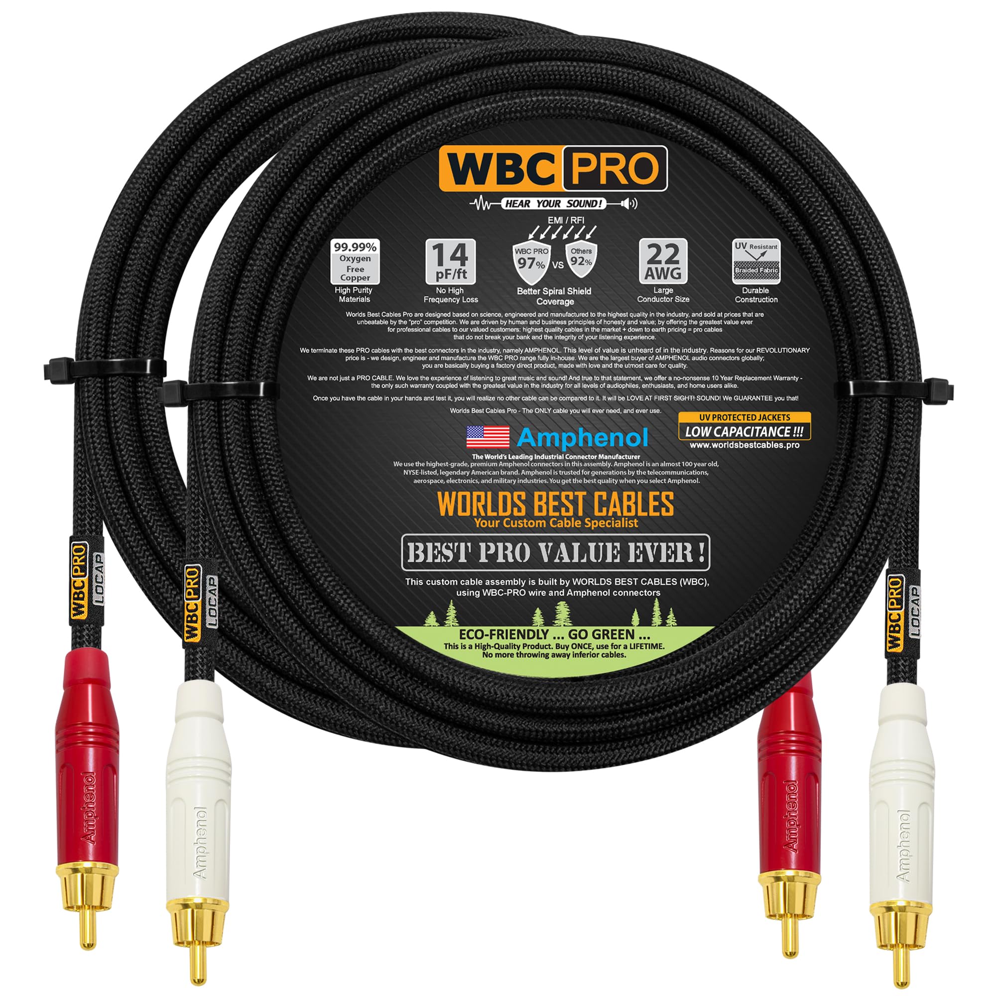 WBC-PRO-LOCAP - Par de cables RCA de 3 metros, baja capacitancia (14 pF/ft) 22 AWG ultra silencioso y cable de interconexión de audio de grado profesional con conectores RCA dorados Amphenol ACPR y