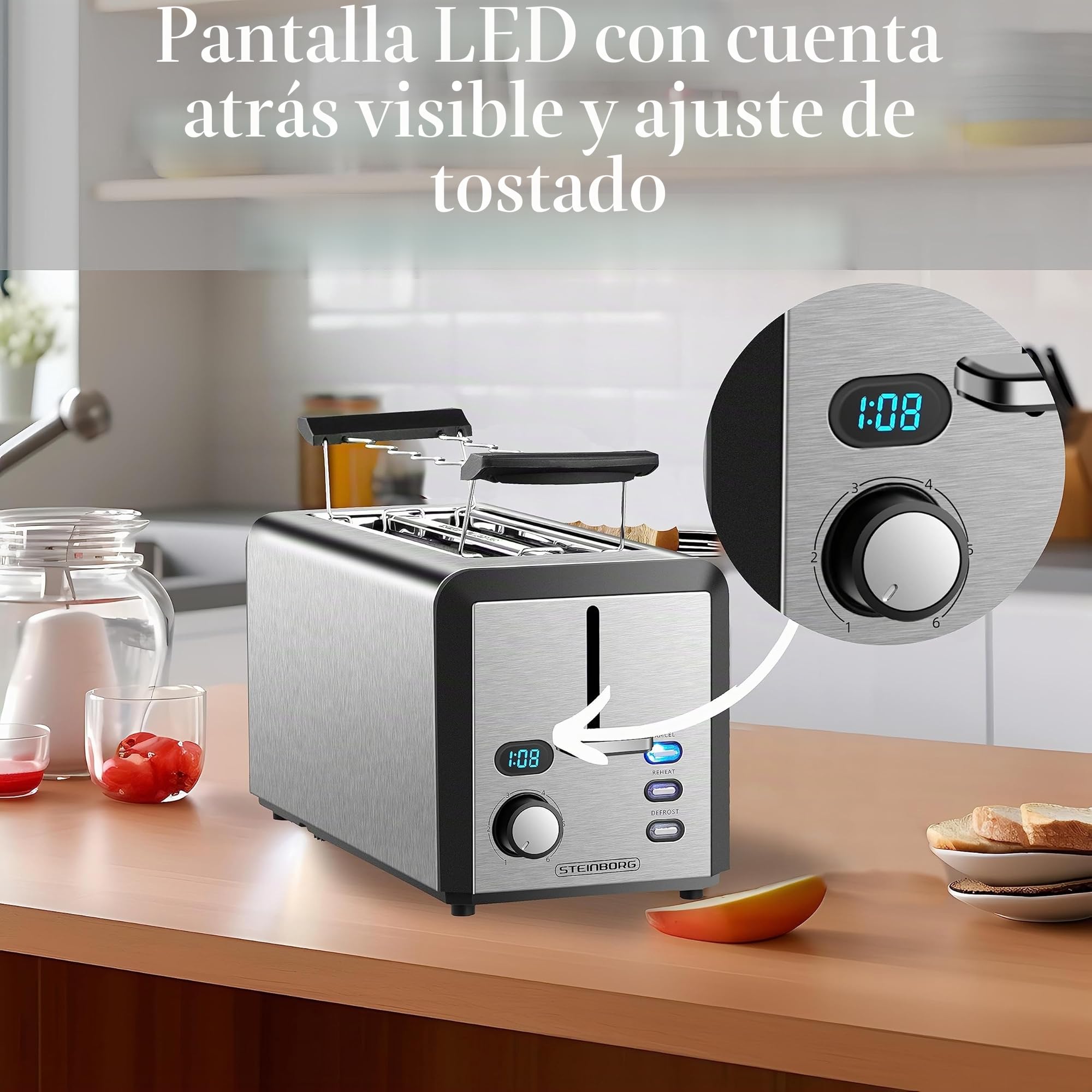 Tostadora XXL | 4 rebanadas | 1500 W | 6 niveles de control | accesorio para panecillos | función de descongelación | bandeja recogemigas | acero inoxidable
