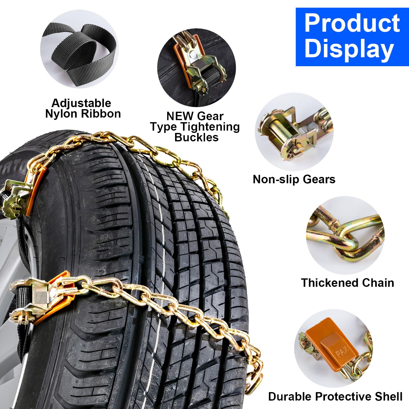 Ninonly Cadenas de Nieve Universales 8 Pcs Cadenas Nieve Universales Coche Nieve para Llantas para Cualquier Ancho de Llantas de 165-265 mm (Amarillo) (Apriete la hebilla)