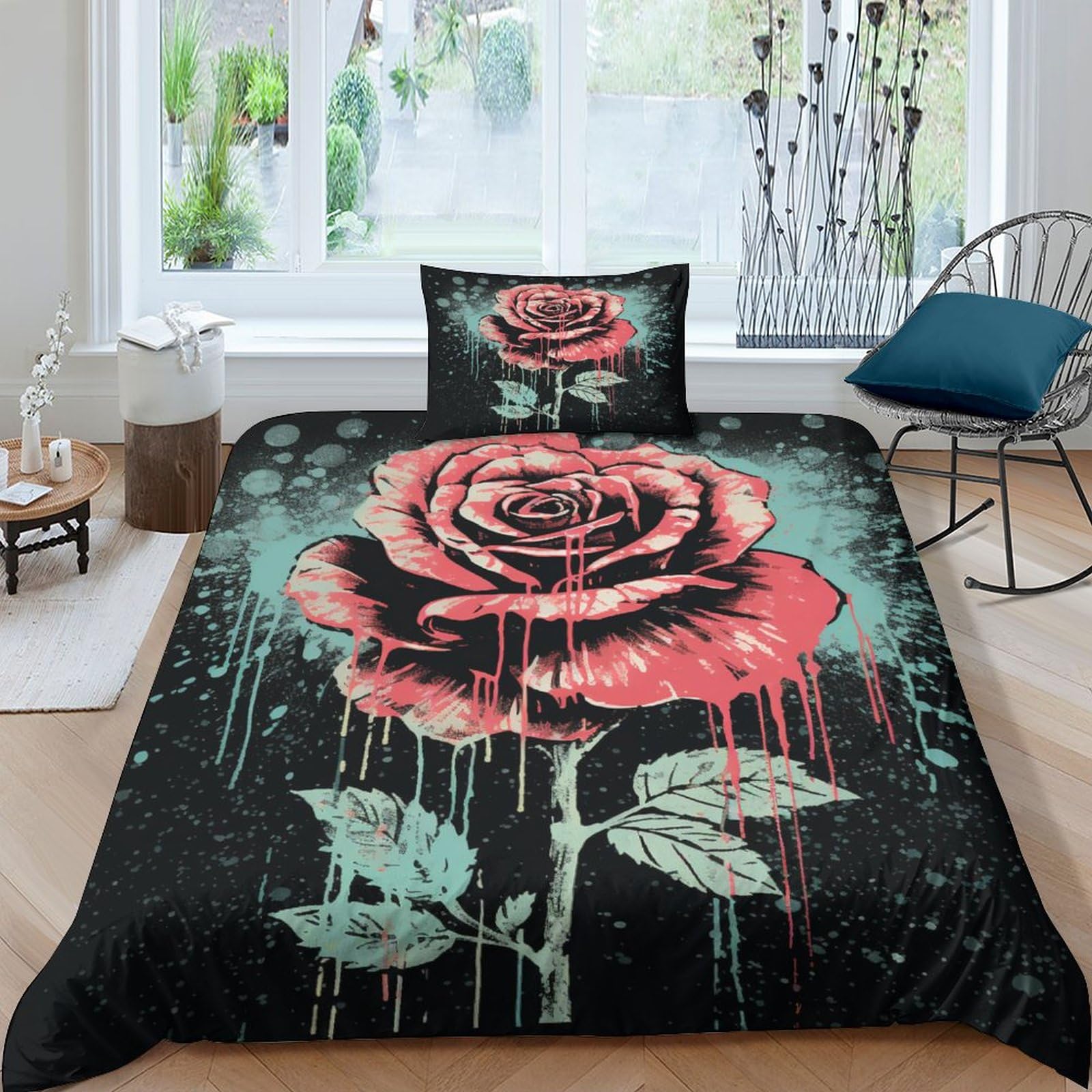 Housse couette roses anciennes 3D parure lit style vieilli chic