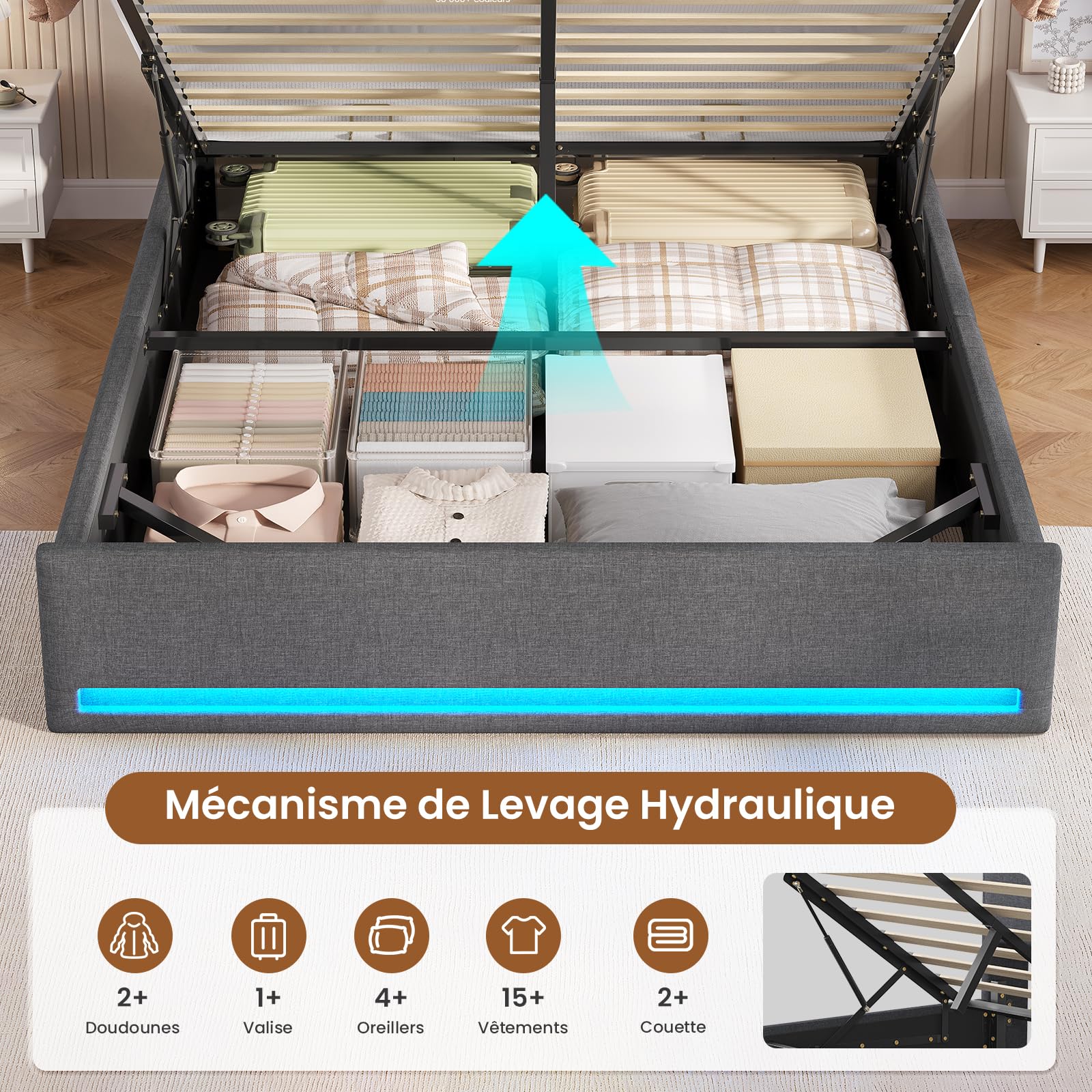 AOGLLATI Lit Coffre 140x190 avec Rangement Hydraulique, Lumières LED et Prise, Tête de Lit avec 3 Étagères Ouvertes & Compartiment Caché, Sommier à Lattes, Lit 2 Personnes, Sans Matelas,Lin Gris Foncé