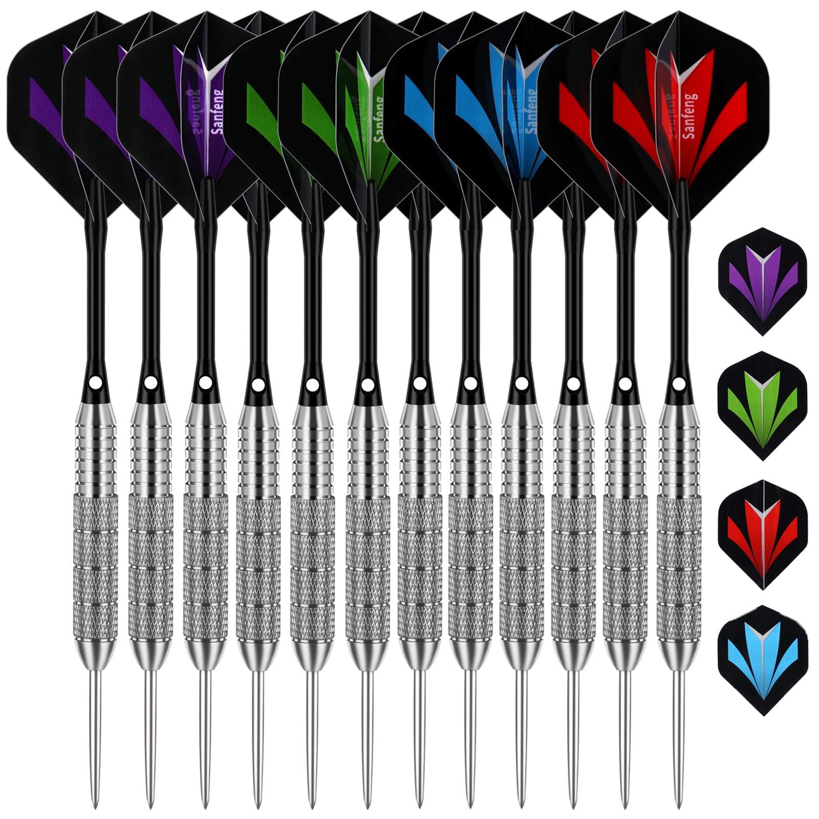 12 Pack Steel Tip Darts Set – 24G Silver Darts with Flights, Stems (Shafts)