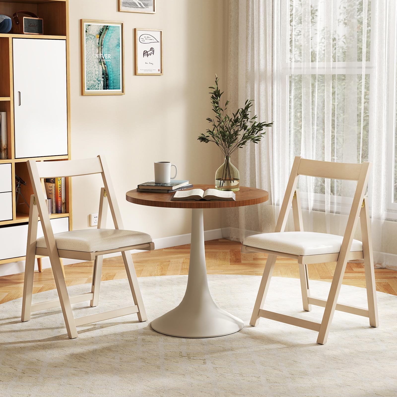 GIANTEX Set di 2 sedie pieghevoli, imbottite, con telaio in legno di gomma e schienale inclinato, per cucina, soggiorno e balcone (beige)