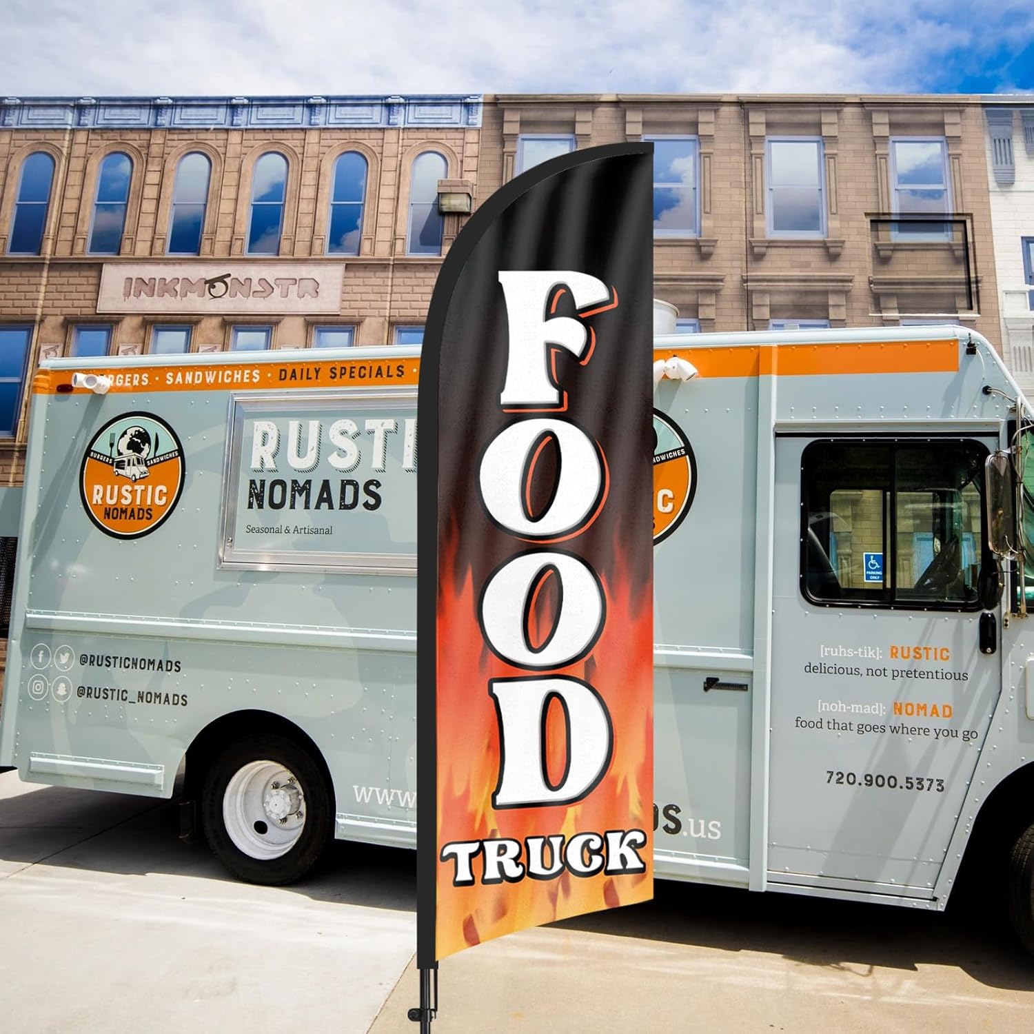 Food Truck Advertising Swooper Flag Banner, Feather Flag With Pole and Ground Stake, 8Ft Advertising Banner Sign for Business