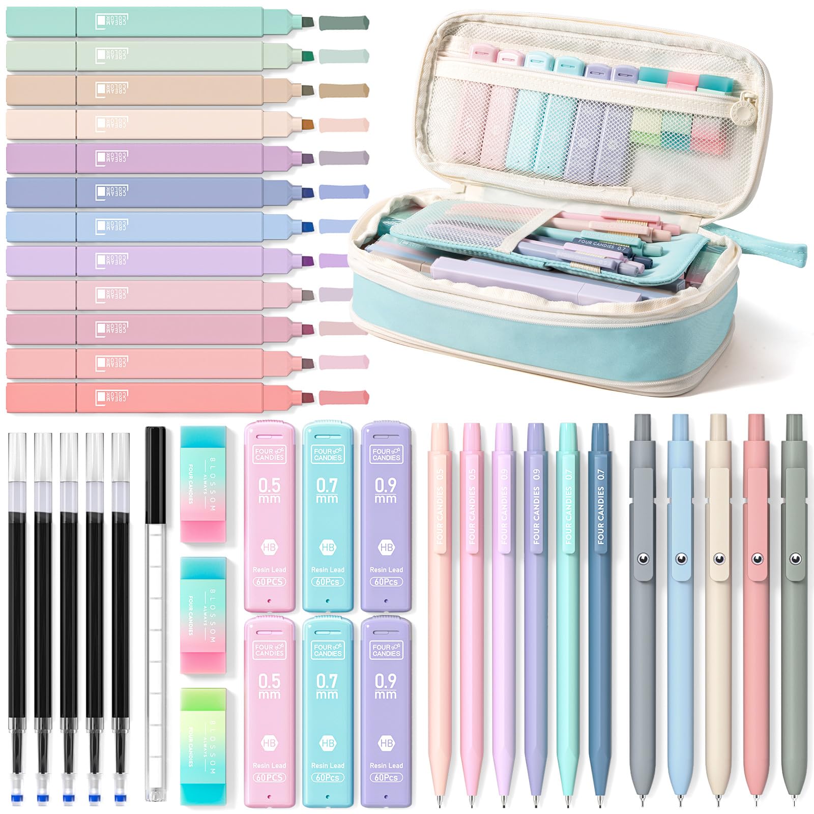 Four Candies 39 Stück Schulsachen mit Mäppchen, 12 Pastell Textmarker, 5 Gelstifte, 6 Druckbleistift Set, Aesthetic Stifte und Coole Sachen für Teenager Mädchen School Stuff Clean Girl (Blauer)