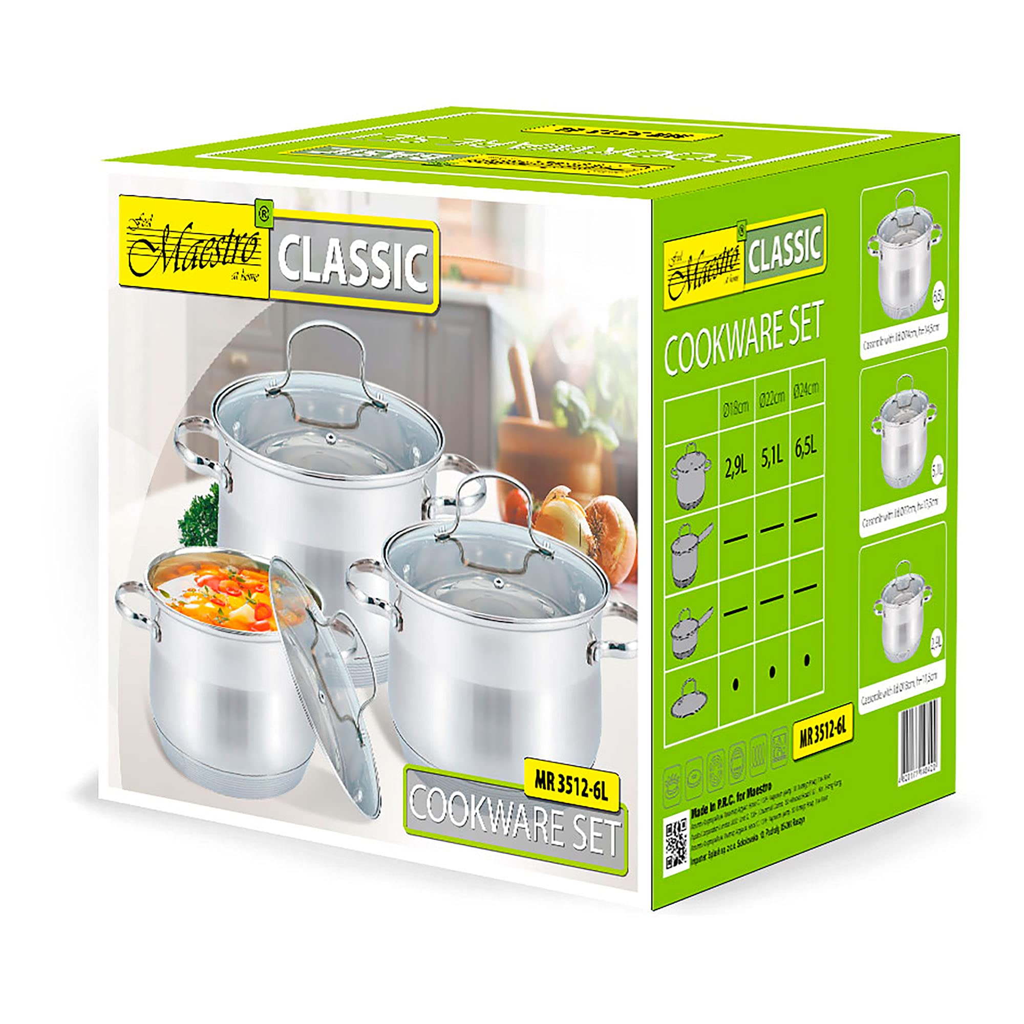 Maestro MR-3512-6L Kochtopf Set Edelstahl, 6-Teilig, Induktion, 3 Topfe, 3 Glasdeckel, Geeignet für alle Herdarten, Spülmaschinenfest