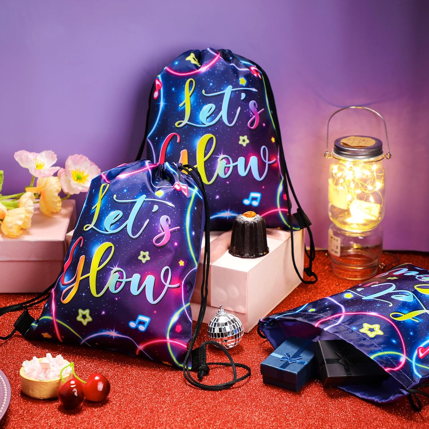 Censen 24 Pcs Let's Glow Drawstring Bags Set Bulk 12 x 10 Inch Low Party Favor Bags Neon Birthday Supplies for Adults Gift Party Supplies - Image 2