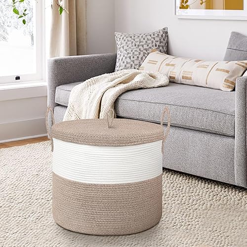 Miniatura 6 de Cesta de almacenamiento grande de 20 x 15 pulgadas con tapa, cesta de manta para sala de estar, cestas de cuerda de algodón tejida para