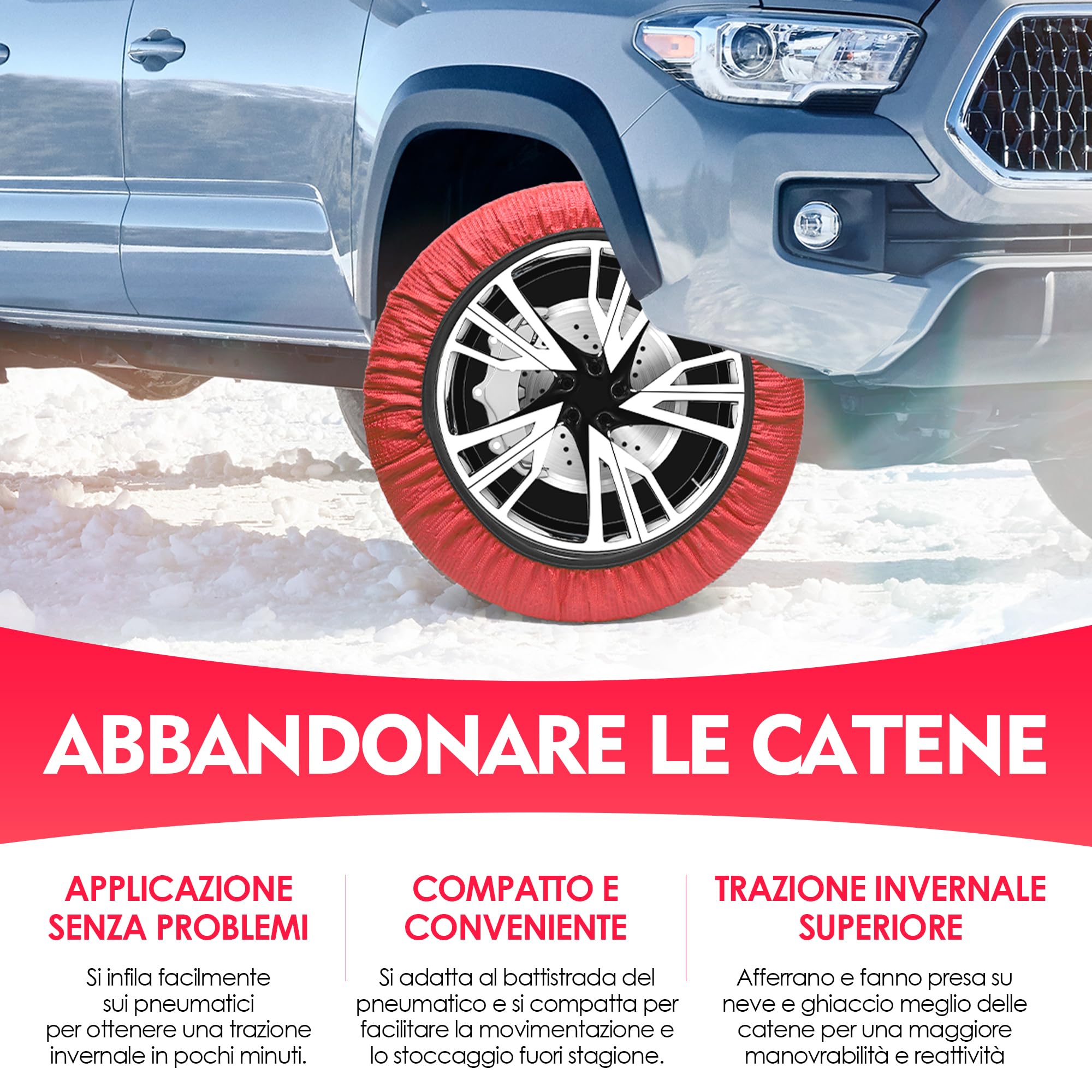 Set di 2 Catene di Scorrimento Per Auto in Tessuto,Coni pieghevoli per il traffico, buona presa, testata e certificata secondo la normativa EN 16662-1 (Rossi)-L