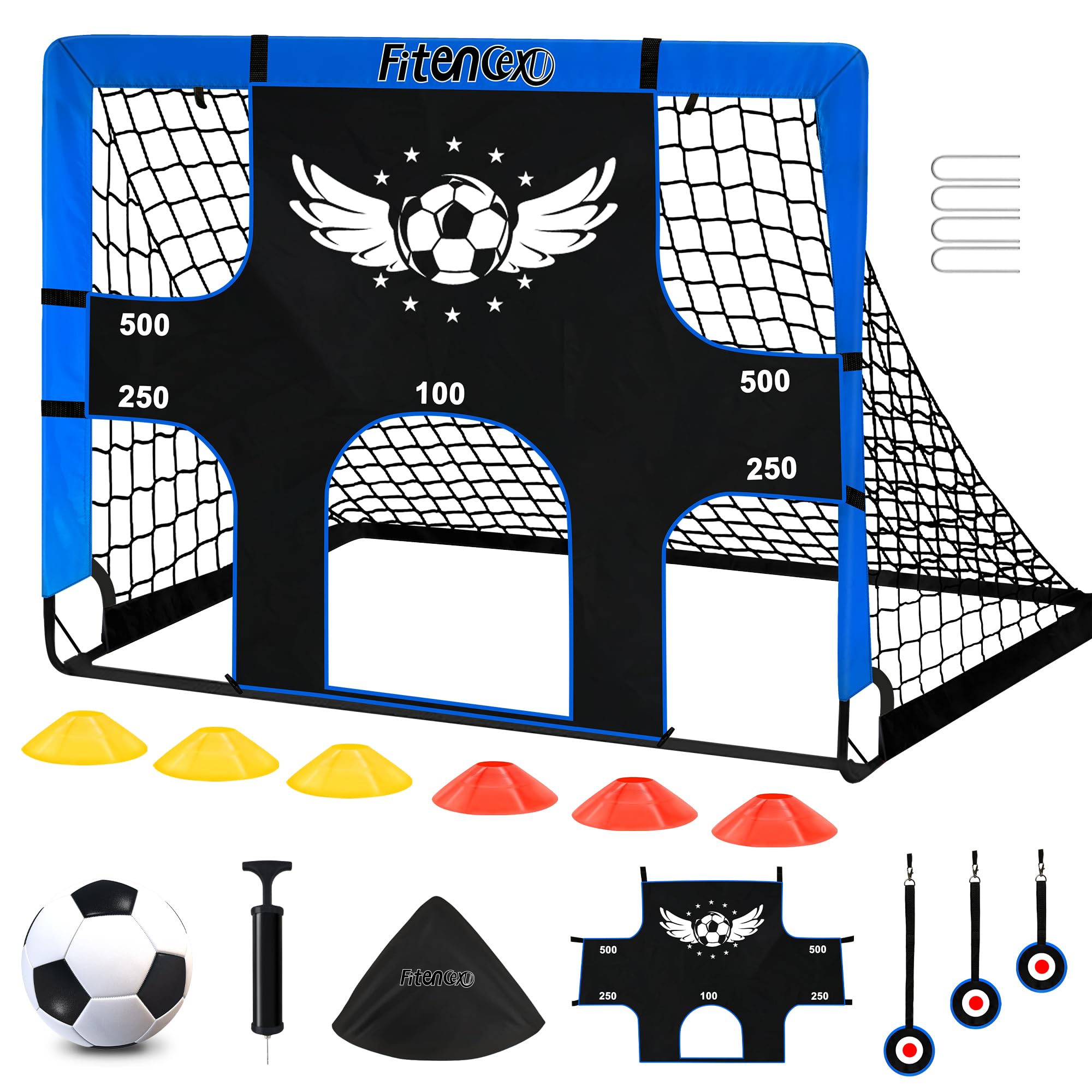 Fußballtor Kinder - 3-in-1 Pop Up Tor mit Torwand | Goal für Garten, Park & Strand | Outdoor Fussballtore mit 5 Schusslöchern, 3 Zielscheiben & 6 Hindernissen | inkl. Tasche & Bodennägel