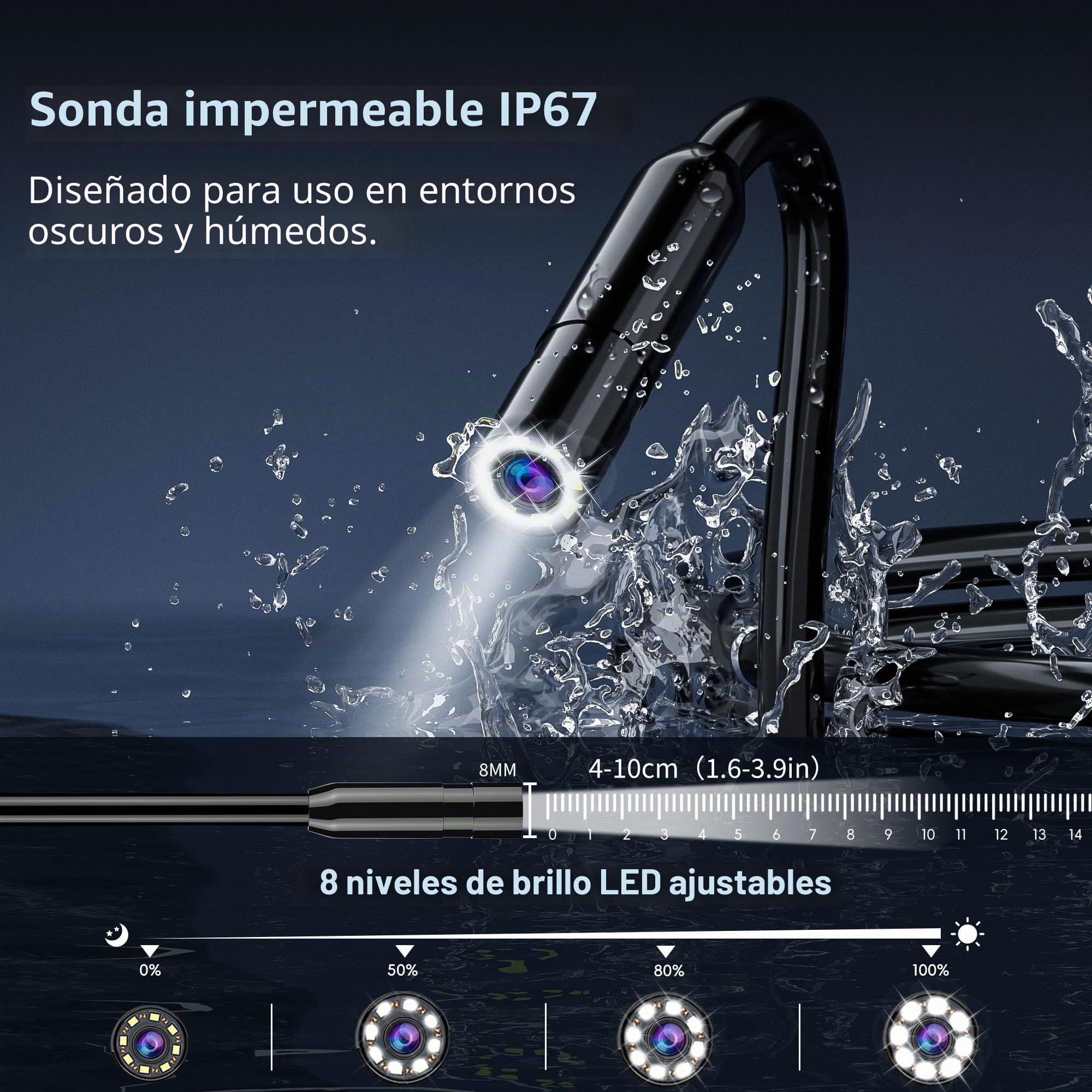 15m Endoscopio Camara de Inspeccion, Cámara Endoscópica al Agua (IP67) | Camara Inspeccion Tuberias con Resolución HD 1080p y 8 Luces LED y Pantalla IPS de 4.3", Cable Semirrígido