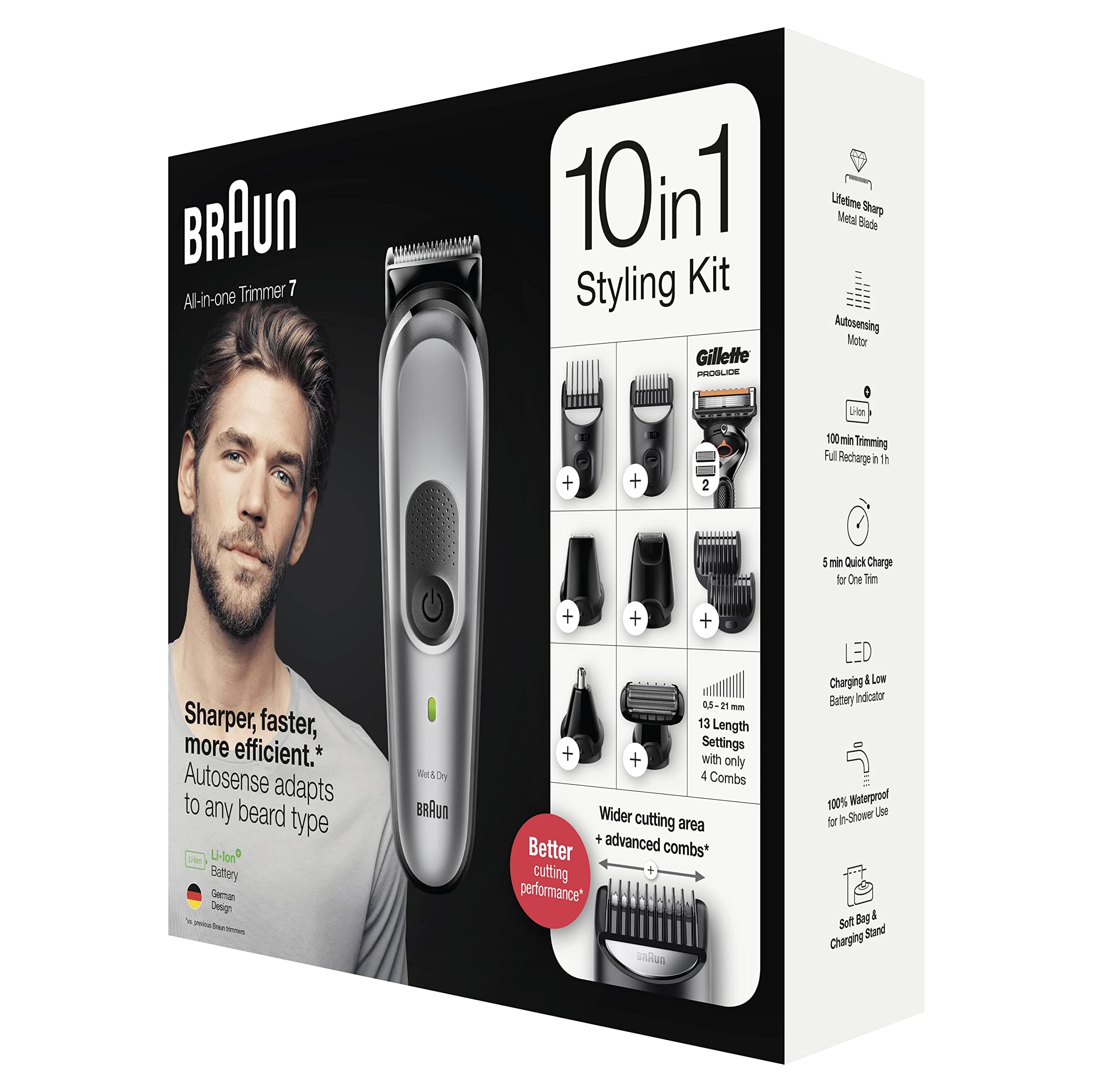 Braun Recortadora de Barba 10 en 1, Máquina Cortar Pelo, Cortapelos Hombre para Cara, Pelo, Orejas, Nariz y Cuerpo con Tecnología Autosense y Maquinilla Gillette, 8 Accesorios, 7 MGK7320, Negro/Plata