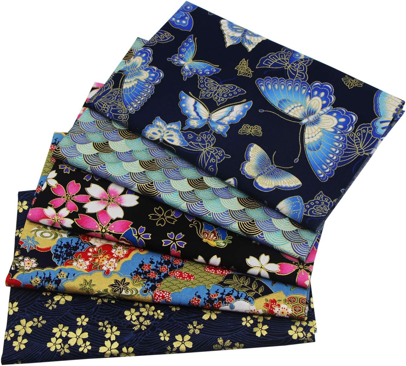aufodara Crafts Quilting Fabric Cotton Squares Patchwork Bundle, 5PCS 50 x 50 cm Beautiful Bronzing Floral Gold Patterns Japanese Style Fabrics for Sewing Quilt DIY Artcraft Handwork (Navy Blue)