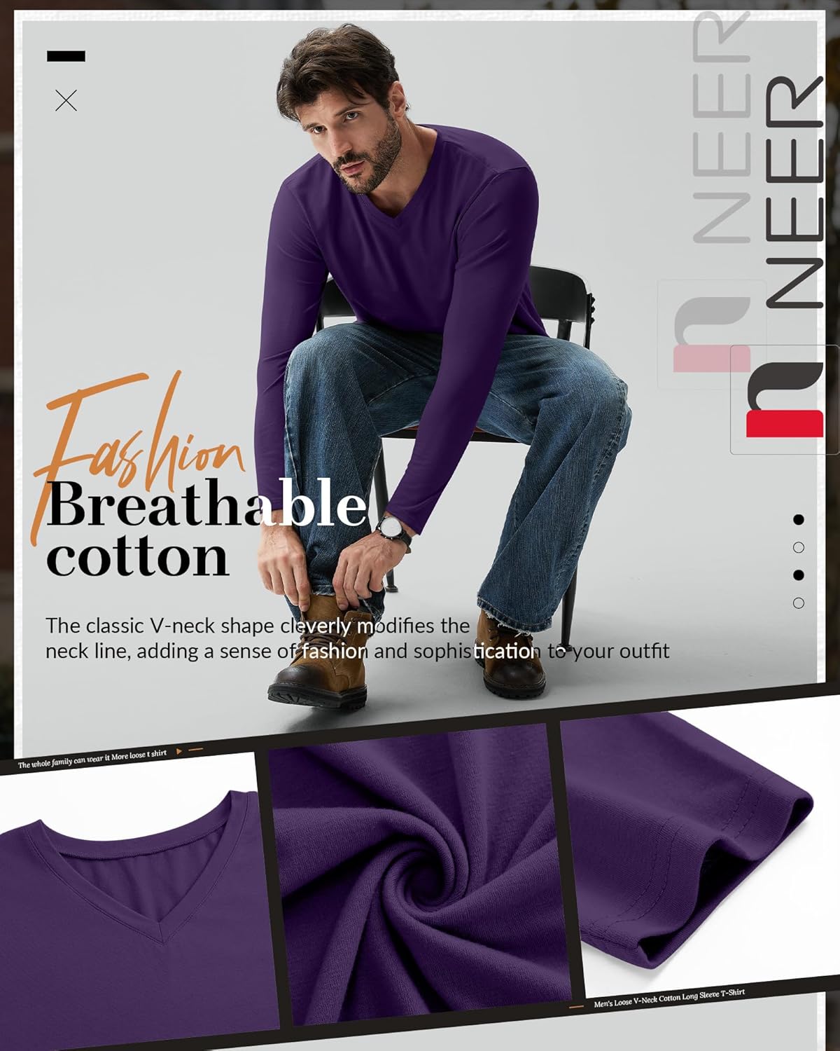 Neer 4 Pack Men's Big and Tall Shirts V Neck Cotton Long Sleeve L-7xl Tops Loose Casual Fall Basic Tee Bulk - Image 4